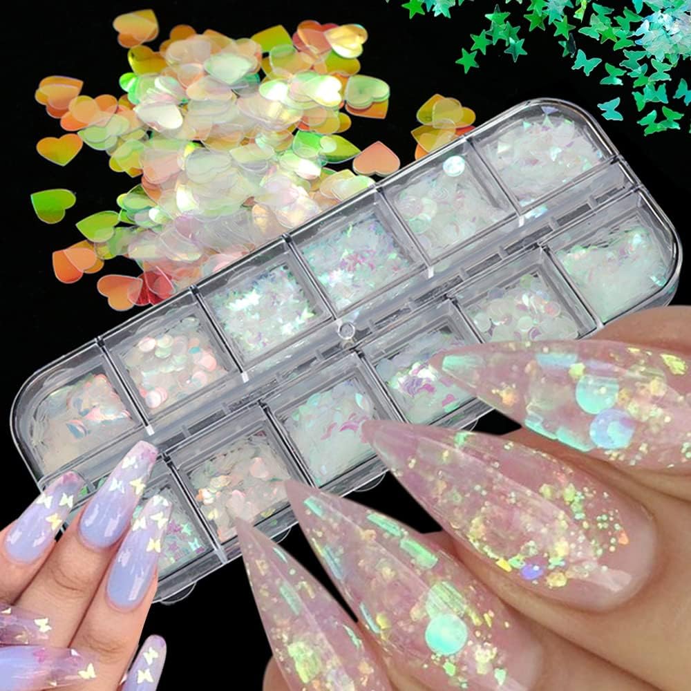 24 Grids Holographic Nail Sequins and 1 Pcs Tweezers,Iridescent Mermaid Flakes Ultra-Thin Colorful Flakes Glitter Sticker,DIY Face Body Eyes for Nail Art Decoration