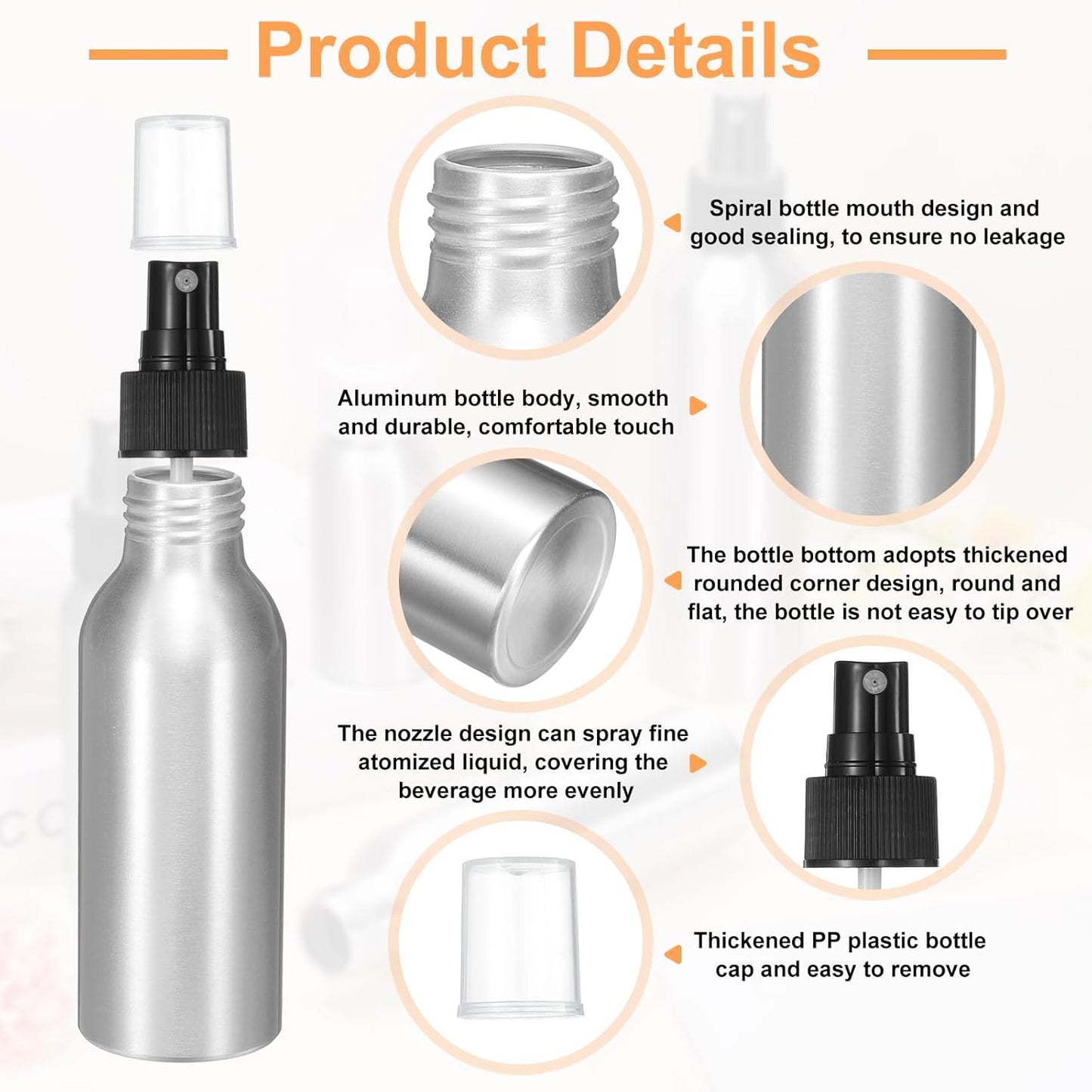 HARFINGTON Aluminum Fine Mist Spray Bottles 100ml/3.4oz Metal Small Liquid Alcohol Refillable Travel Container with Black Plastic Nozzle Cap for Perfume Skincare Cosmetic Storage Bottle