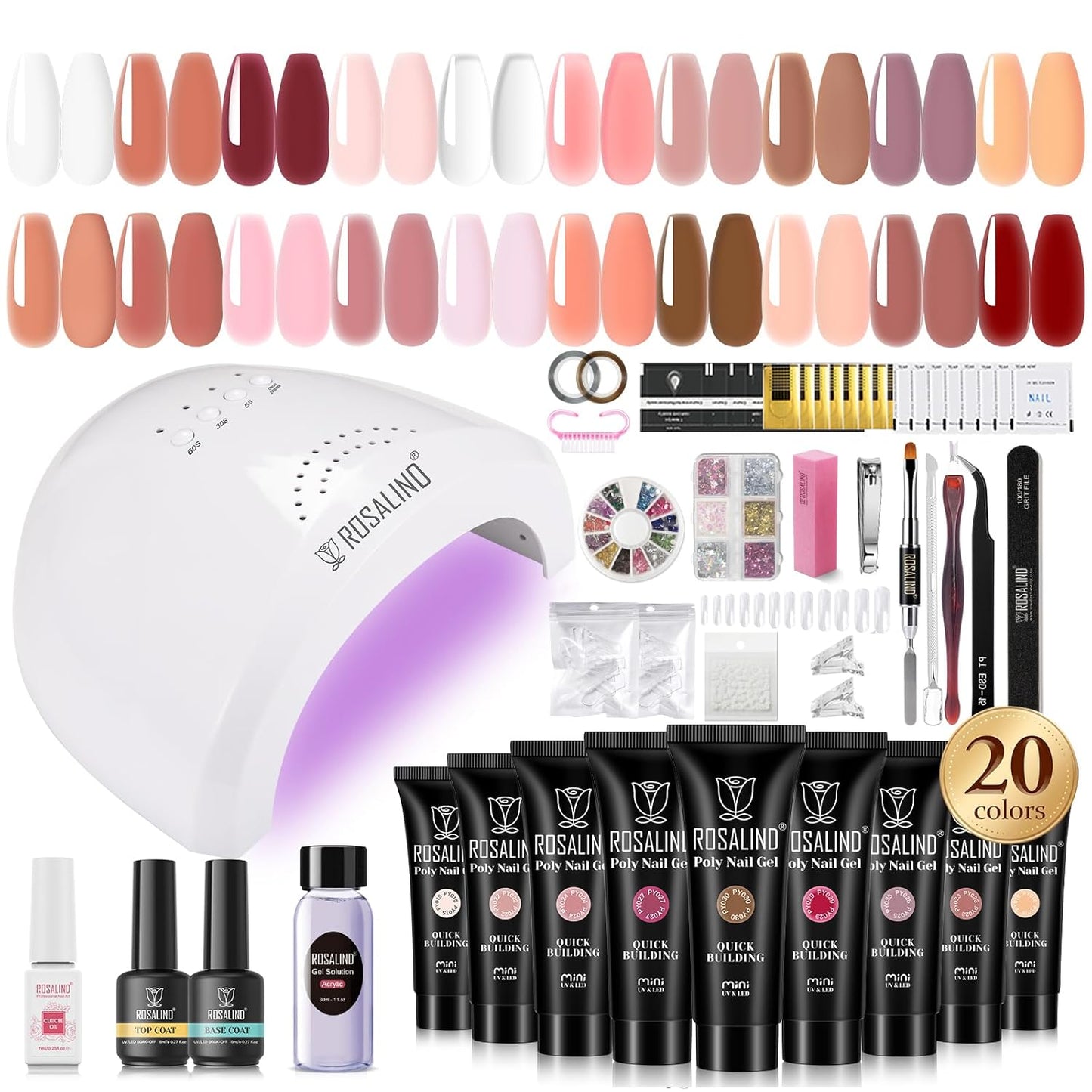 ROSALIND Poly Nail Gel Kit -20 Colors + 72Nail Art Accessories Kit, Nude Clear Poly Nail Gel Nail Kit Starter Kit with Big U V Lamp Slip Solution for Pink Nail Extensions Gel Dual Forms Nail Brush