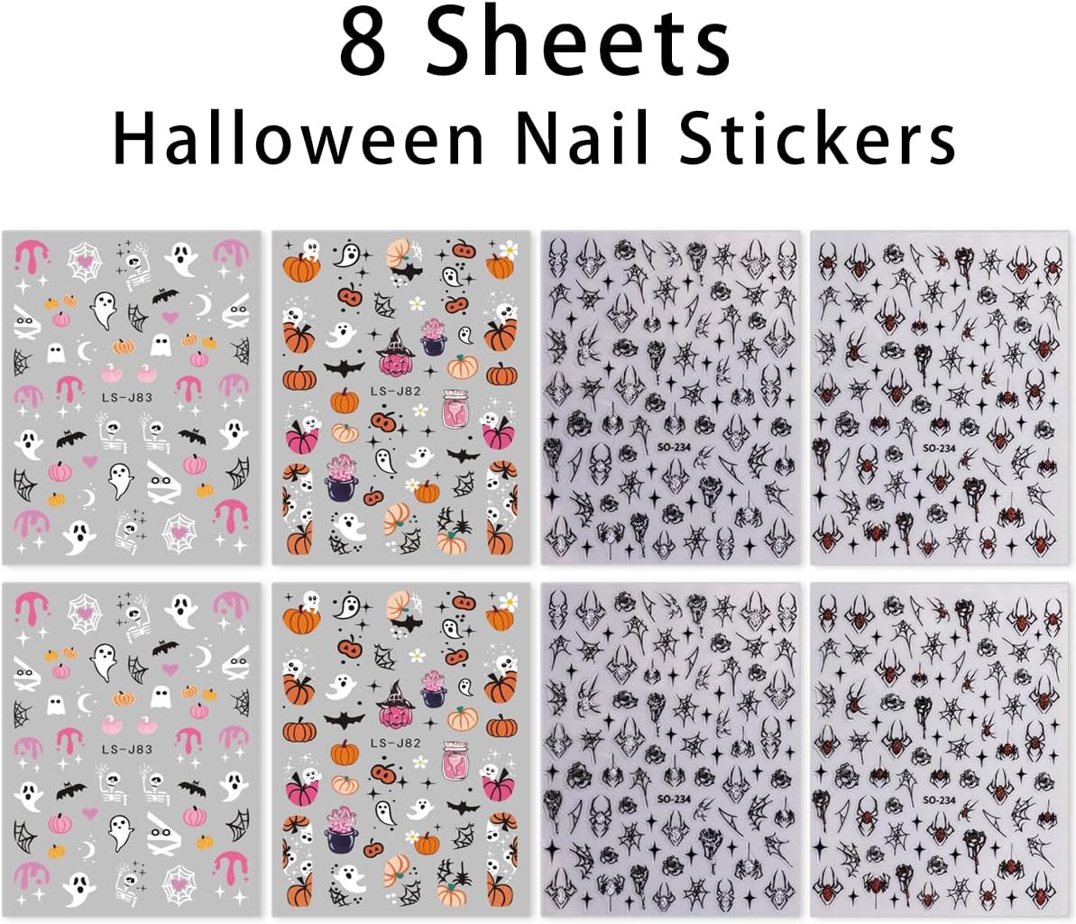Halloween Nail Stickers Decals 8 Sheets Halloween Self Adhesive Nail Design Stickers Ghost Pumpkin Spider Web Bats Nail Art Decals for Women DIY Manicure Halloween Nail Glitter Decals Decoration