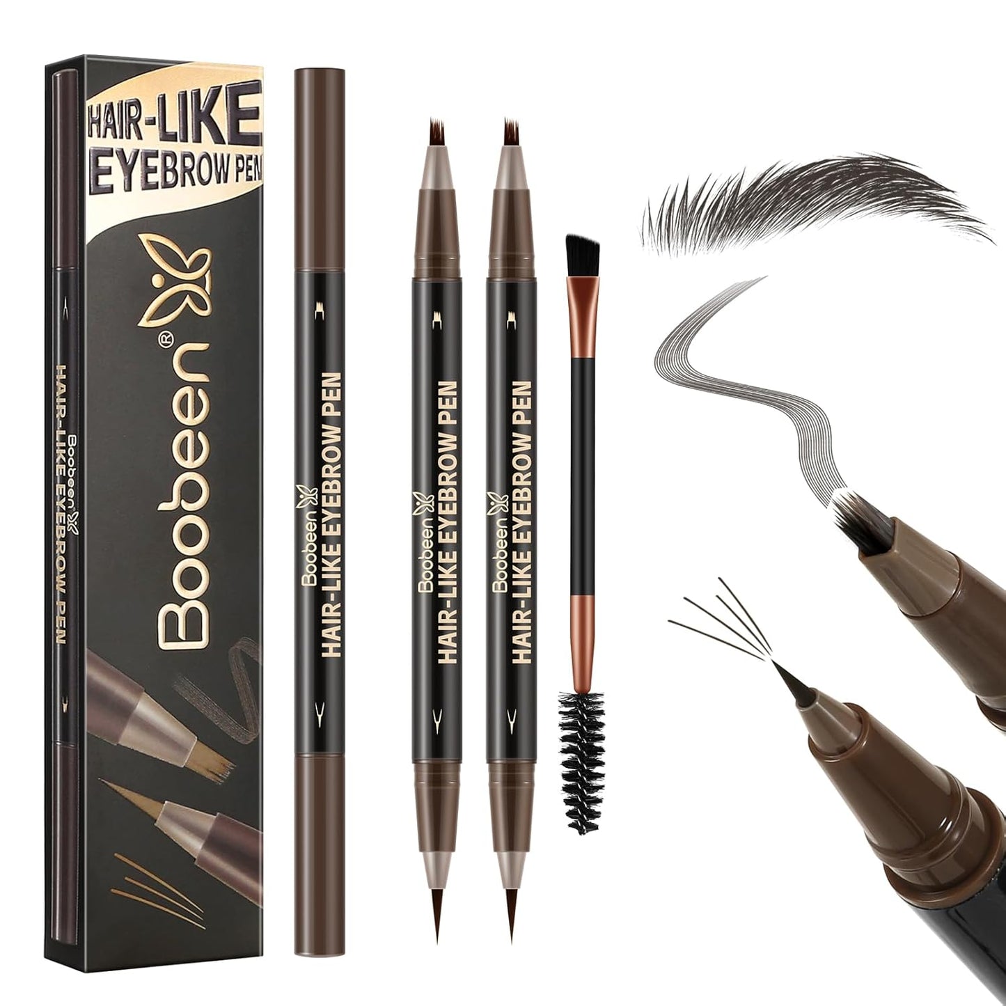 Boobeen 2pcs Waterproof Eyebrow Pen，Dual-Ended Eyeliner Microblading Eyebrow Pencil for Women，Long Lasting Hair-Like Brow Pen with Brow Brush，Dark Brown