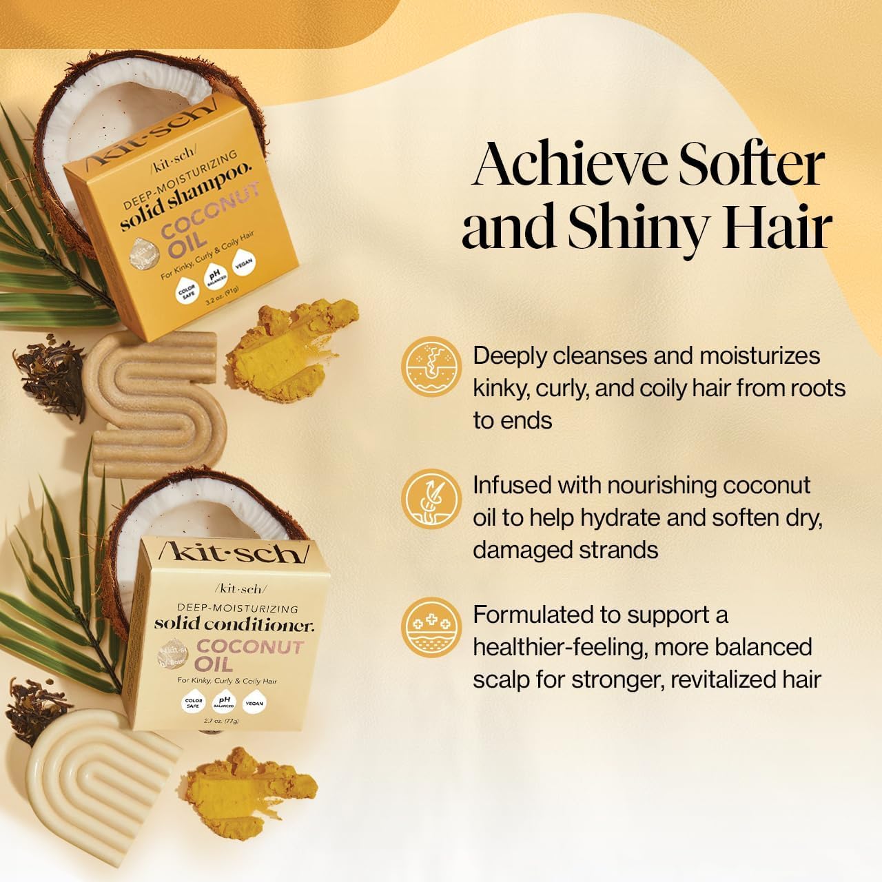 Kitsch Coconut Oil Shampoo and Conditioner Set – Deep Moisturizing Shampoo and Conditioner Bar for Dry Damaged Hair – Hydrating Solid Bars for Curly, Coily & Color Treated Hair – Made in USA