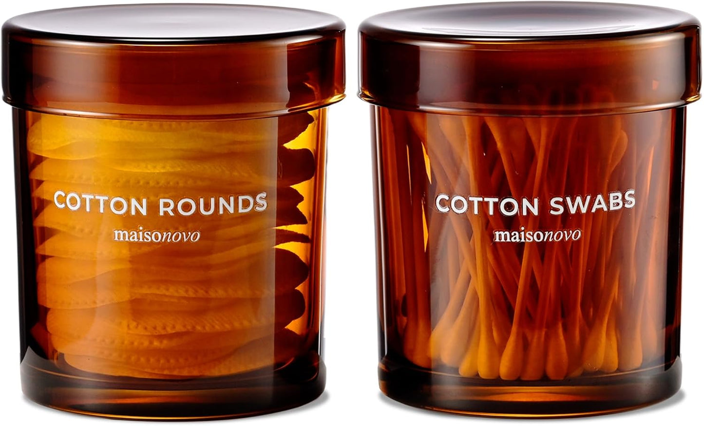 MaisoNovo Qtip Holder Bathroom Set – Airtight Glass Qtip Holder with Lid to Store Q Tips, Cotton Rounds, Cotton Balls, Floss Picks, Hair Ties with free labels pack - 2 Amber Jars with Glass Lids