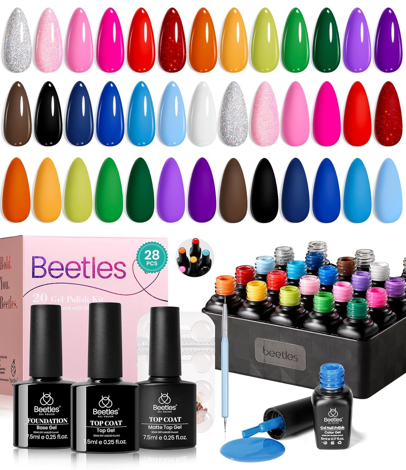 beetles Gel Polish Set, 20 Color Pink Yellow Green Red Blue Gel Nail Polish Blokecore Collection with Sports Nail Charms Base Top Coat and Double-ended Brush DIY Home Rainbow Nails