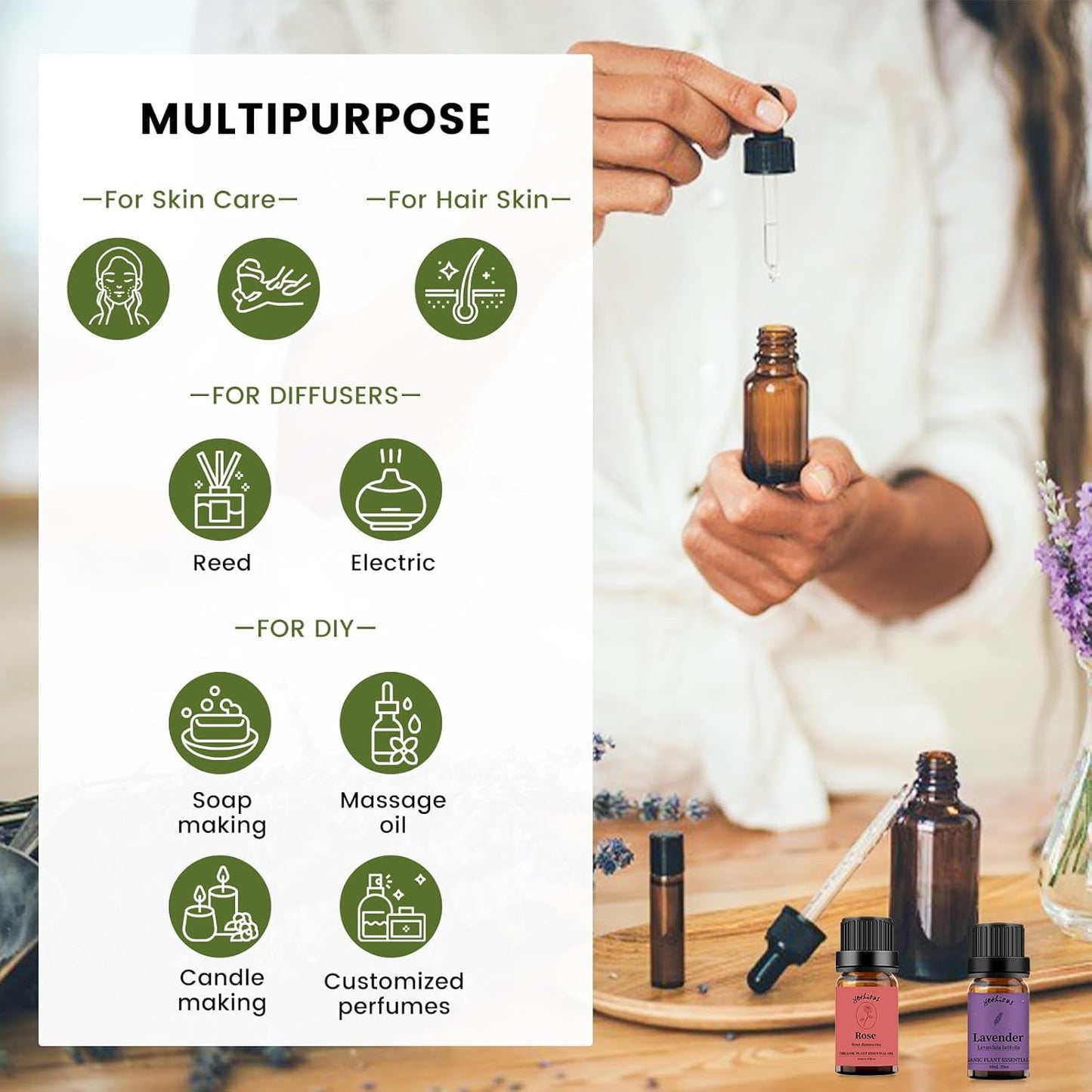 yethious 2 Pack Lavender Rose Essential Oil Set 100% Pure Organic Lavender Aromatherapy Oil Rose Fragance Oil for Diffuser Essential Oil Set