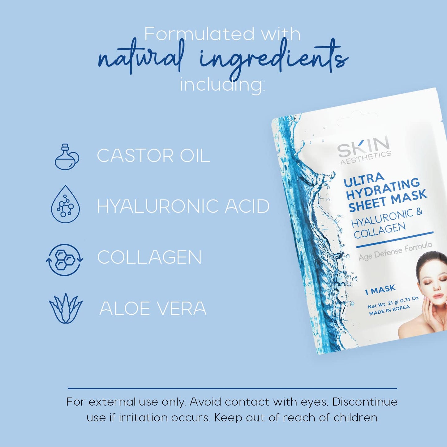 Hyaluronic & Collagen Sheet Face Mask - Skin Firming, Anti-Aging, Moisturizing & Plumping - Dermatologist Tested Korean Skincare - Clean Beauty, Cruelty-Free - 5 Masks