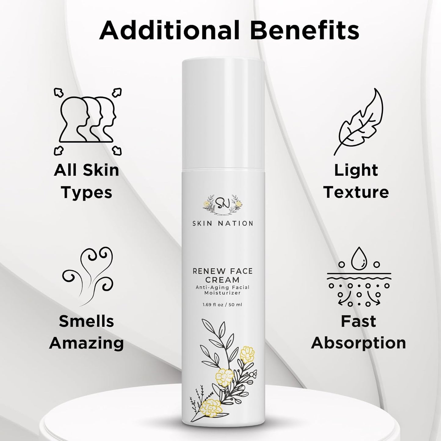 Skin Nation Renew Face Cream, Hydrating Moisturizer with Peptides, Hyaluronic Acid & Green Tea, Lightweight Plant-Based Cream for Smooth, Radiant Skin, 1.69 fl oz