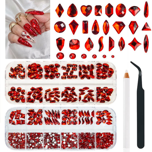 24 Styles Ruby Red Nail Rhinestones Multi-Shapes K9 Glass Flatback Siam Red Big Gems Round Beads Stones Diamonds Jewels Crystals Nail Art Charms for Nails Face Eyes Makeup Crafts Clothes Shoes