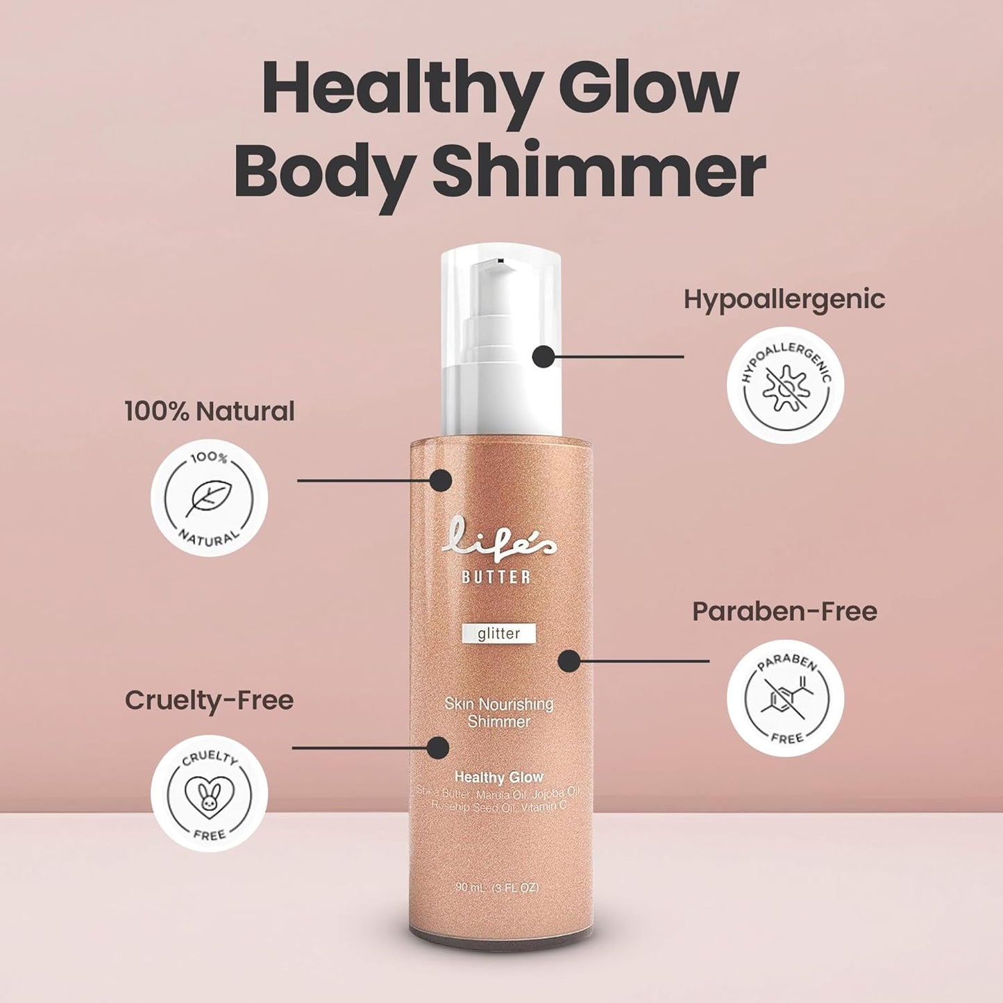 Life's Butter Face & Body Shimmer Healthy Waterproof Moisturizing Glow | Shea Butter, Marula Oil, Jojoba Oil and Vitamin C | Glistening Bronze | 3 Fl Oz (Pack of 1)