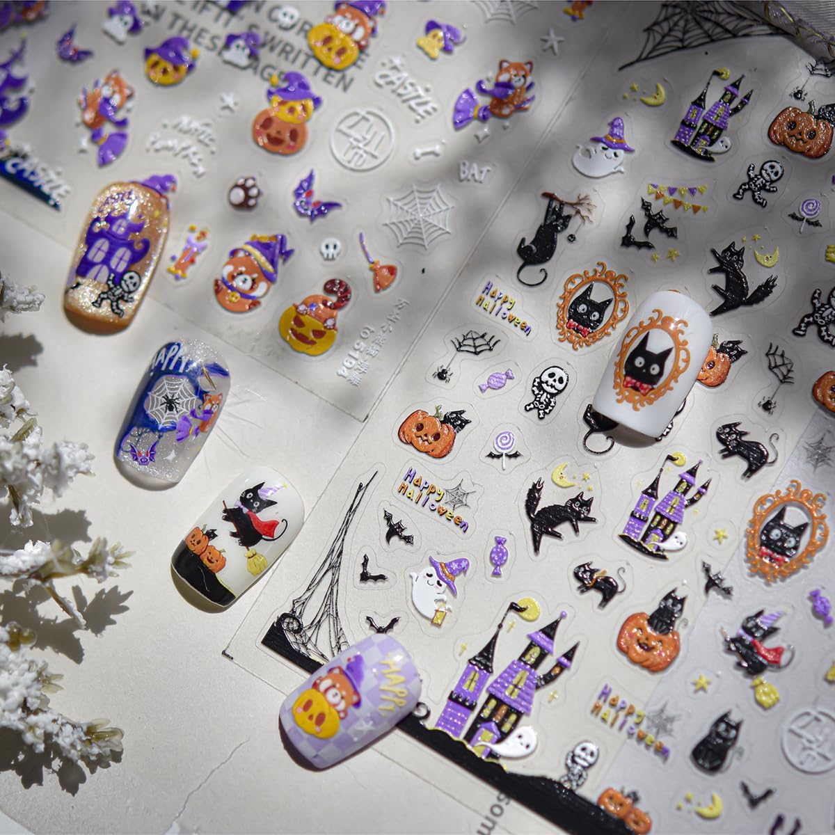 5D Embossed Halloween Nail Stickers Cute Pumpkin Self-Adhesive Nail Art Pegatinas Uñas with Ghost Bat Haunted House Designs Nails Decals Halloween DIY Manicure for Women Nails Art Decoration 1 Sheet