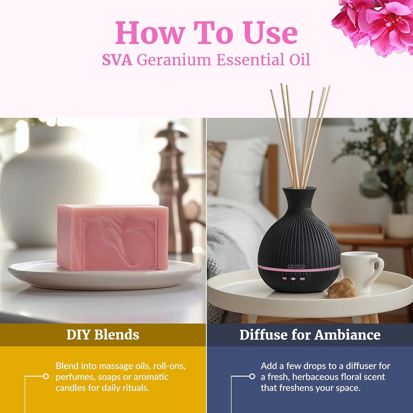 SVA Geranium Essential Oil Organic – 1 Fl Oz – 100% Natural Organic Geranium Oil - for Diffuser, Hair Care, Face, Skin Care, Aromatherapy, Scalp and Body Massage, Soap and Candle making – with Dropper