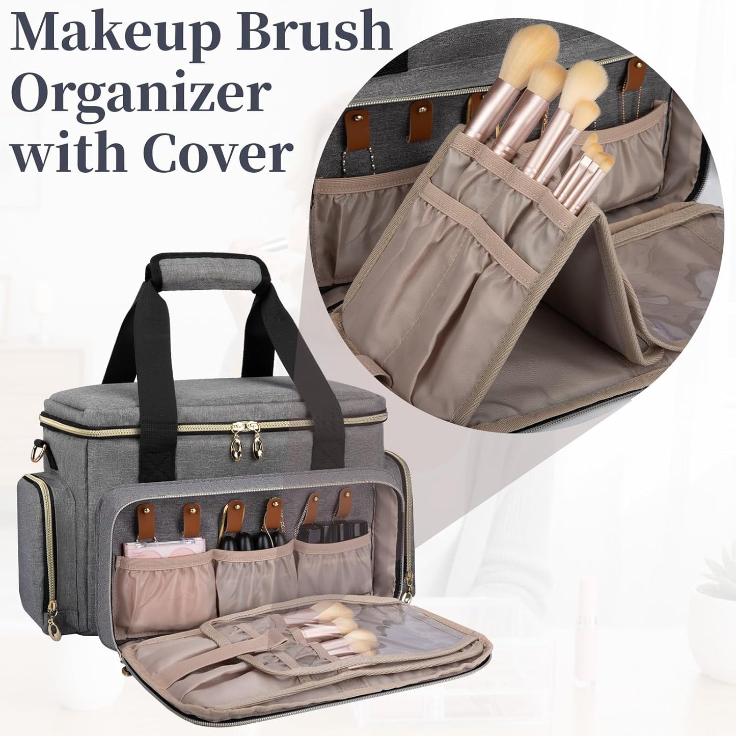 Large Makeup Bag, Portable Travel Makeup Bag Organizer for Women Girls with 2 Removable Pouches & Detachable Dividers, Cosmetic Travel Bag, Toiletry Bag for Makeup and Hair Supplies Grey