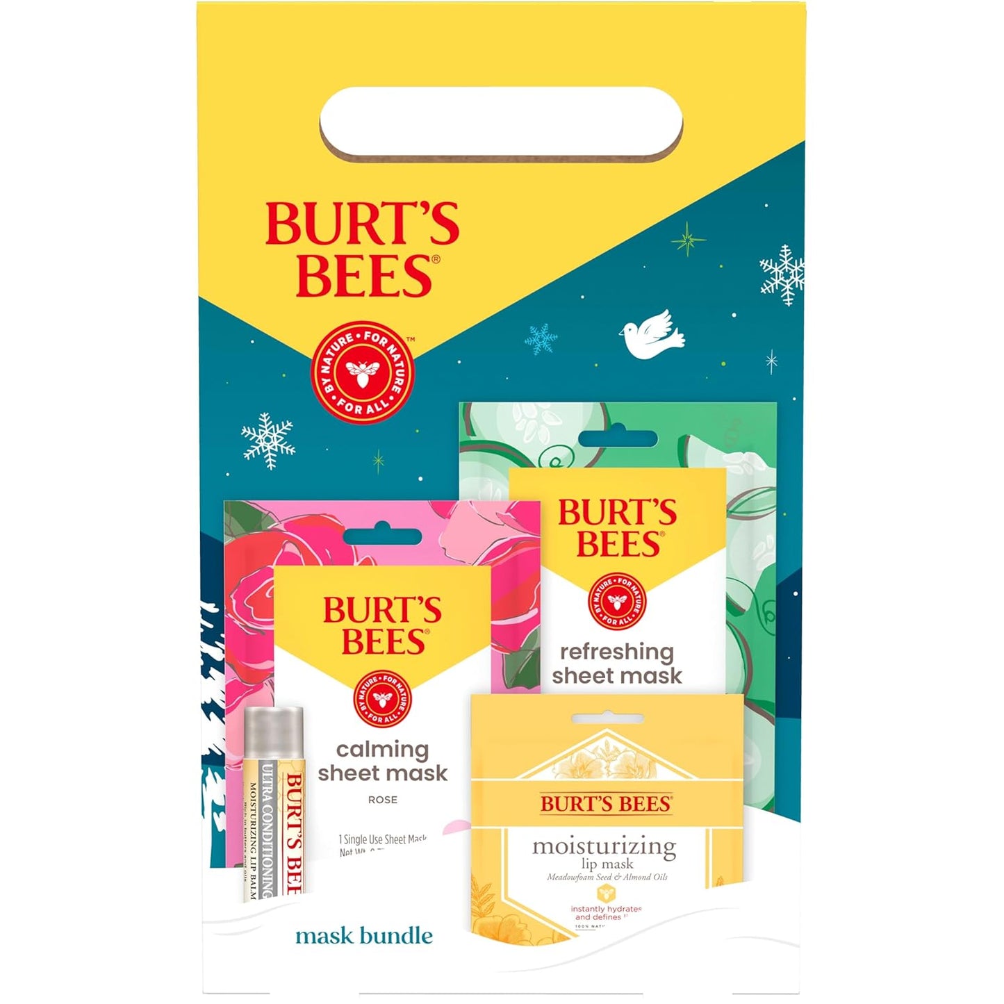 Burt’s Bees® Mask Bundle Gift Set; Moisturizing Lip Mask, Ultra Conditioning Lip Balm, Refreshing Sheet Mask, Calming Sheet Mask; Festive Packaging; 1 Gift Set (Pack of 6)
