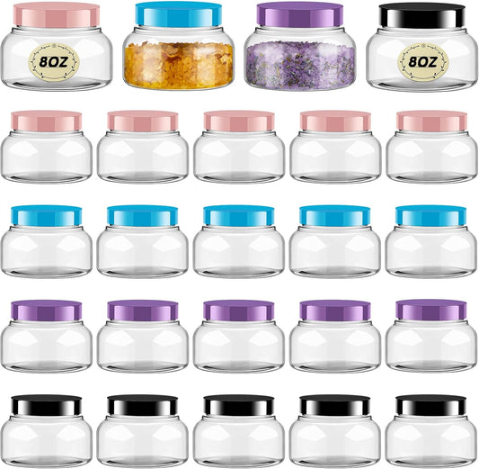 Tessco 24 Pack Plastic Jars with Lids Labels Empty Clear Plastic Jars Round Refillable Cosmetic Containers Body Butter Containers Bulk Sugar Scrub Bottle for Make Up(8 oz,Multicolor)