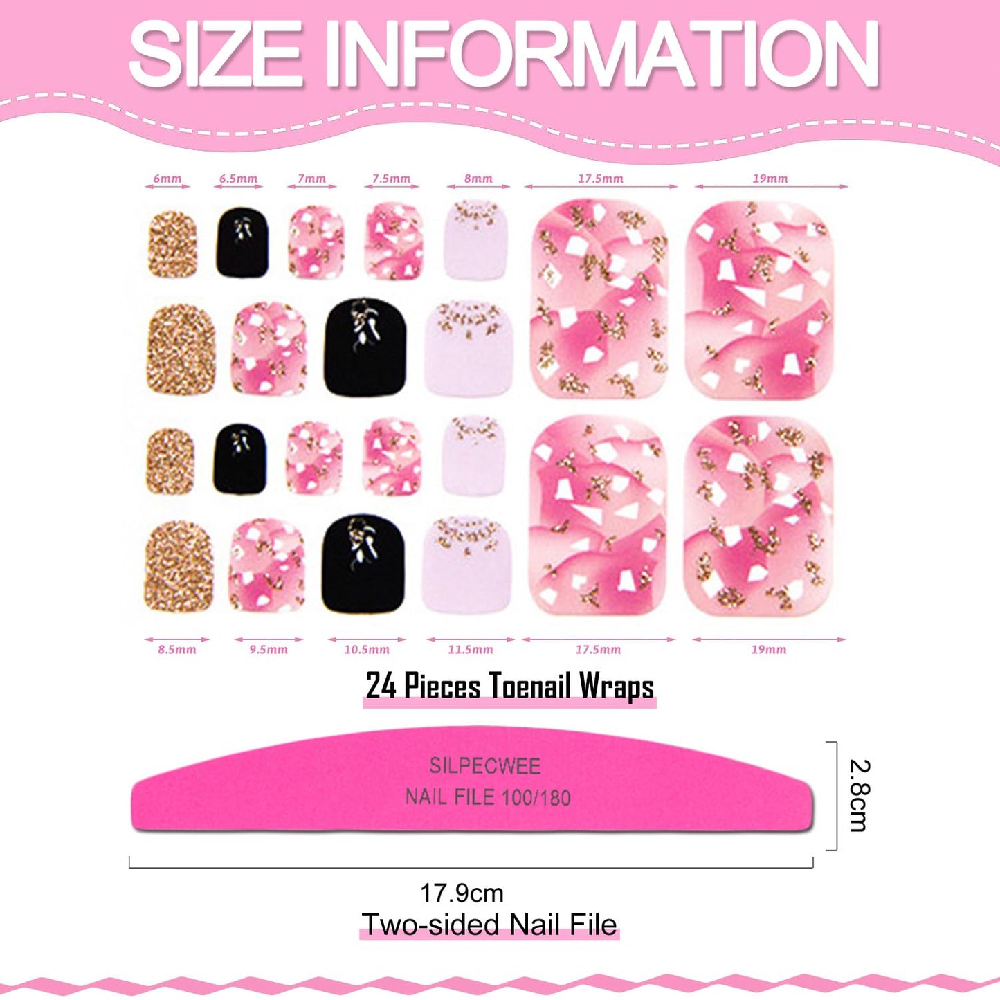 SILPECWEE 20 Sheets Adhesive Toenail Polish Wraps Stickers Flower Marbling Toe Nail Strips Decals for Toes Manicure Accessories for Women 1Pc Nail File