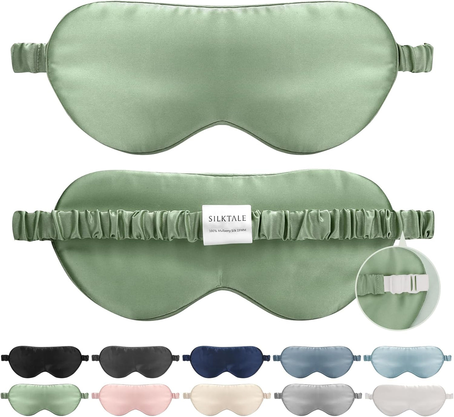 100% Mulberry Silk Eye Mask for Sleeping with Silk Wrapped Adjustable Strap,Sage Green