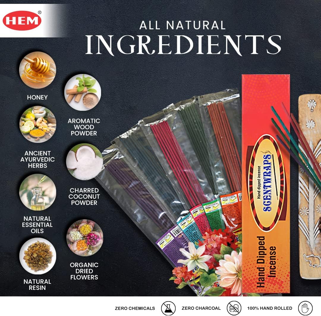 Hem Incense Sticks -10 Scents Veriety Pack 12 Sticks Each-11 Inches, 120 Total Stick- with Natural Inscent Holder, Aromatic Assorted Hand Dipped Insense-Sticks