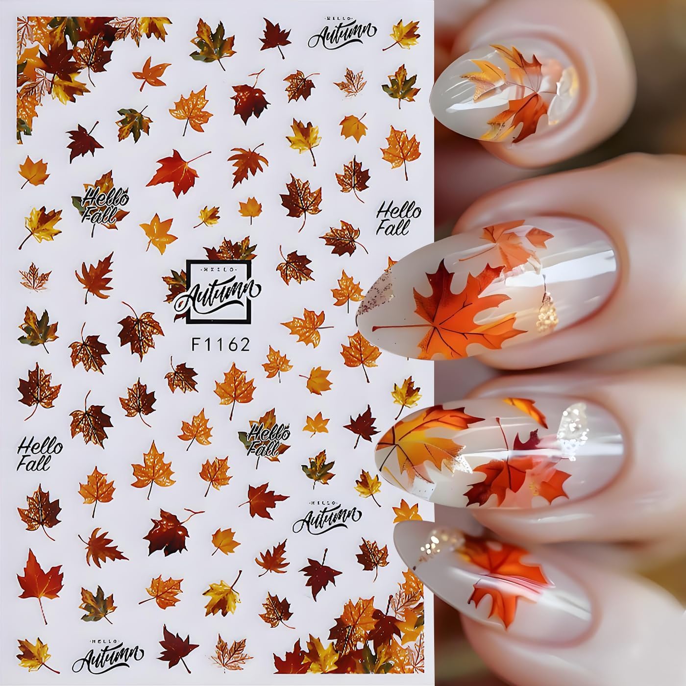 Fall Maple Leaves Nail Art Stickers for Thanksgiving, Maple Leaves Nail Decals 3D Self-Adhesive with Deer Pumpkin Flower Mushroom Design 6Pcs Nail Art Supplies for Women Nail Decoration