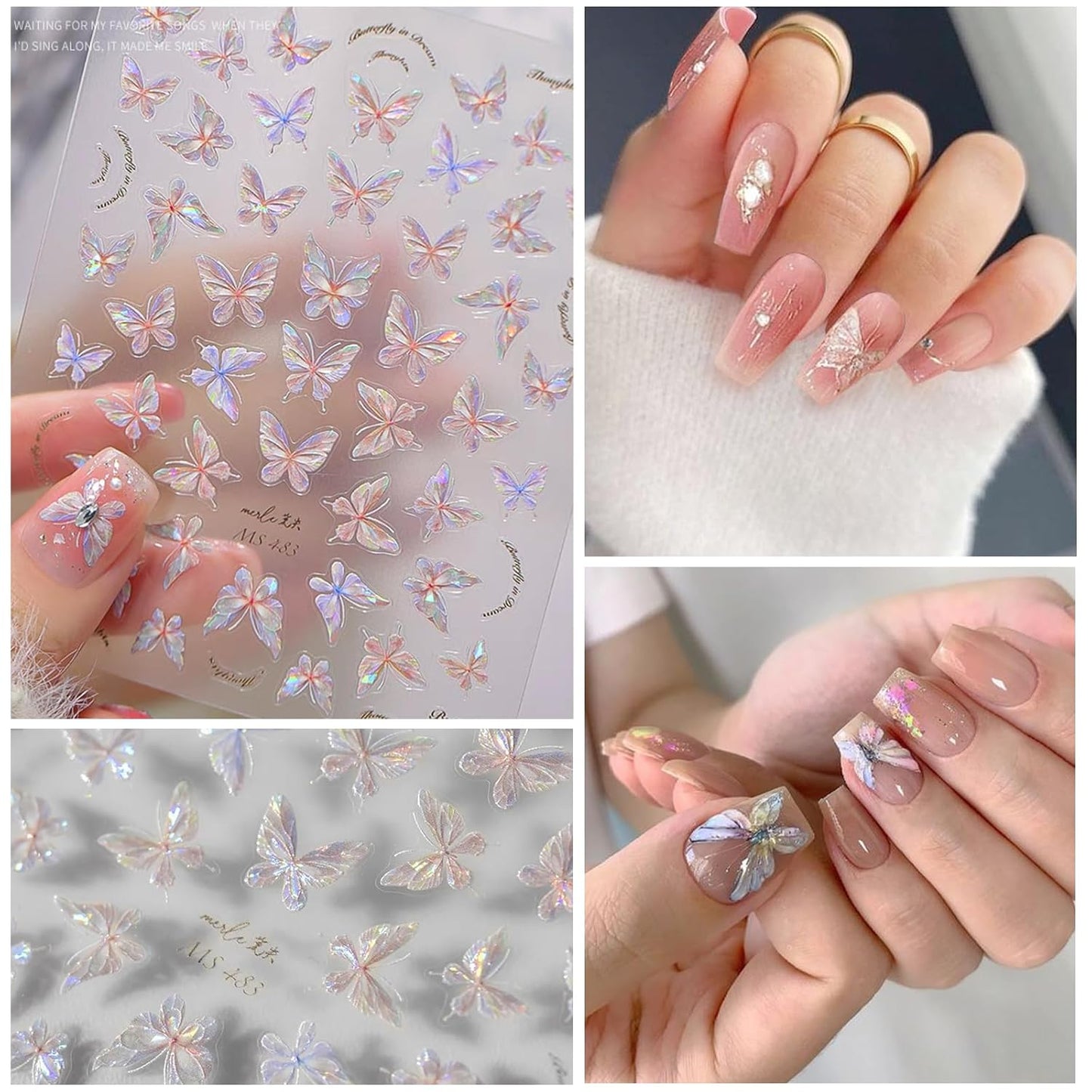 6 Sheets Butterfly Nail Art Stickers Decals 5D Embossed Nail Decals Spring Blue Pink Butterfly Nails Design Self-Adhesive Accessories 3D Nails Stickers for Women