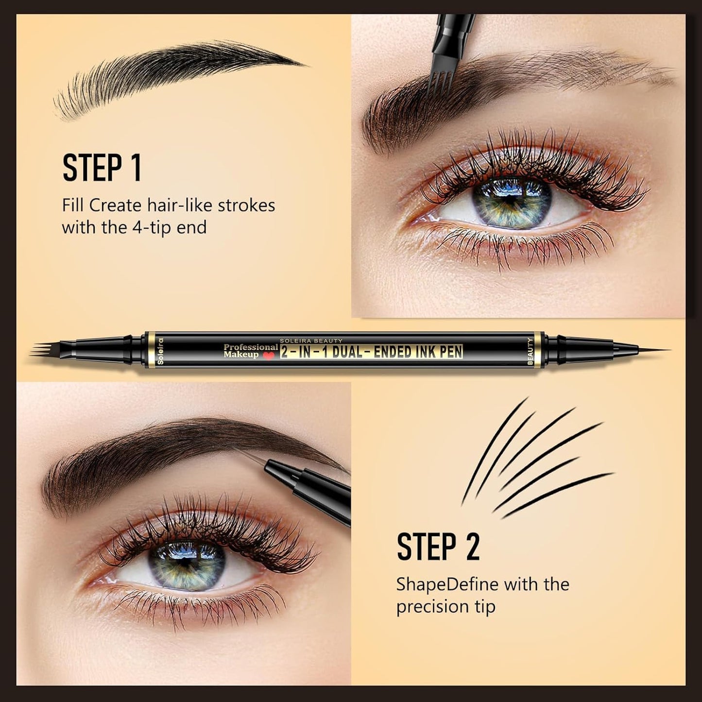 Eyebrow Pen, Soleira Waterproof Eyebrow Pencil with 4 Tip Microblading Eyebrow Pen and Dual-ended Eyebrow Brush, for Natural-Looking Brows, Long-Lasting, Black