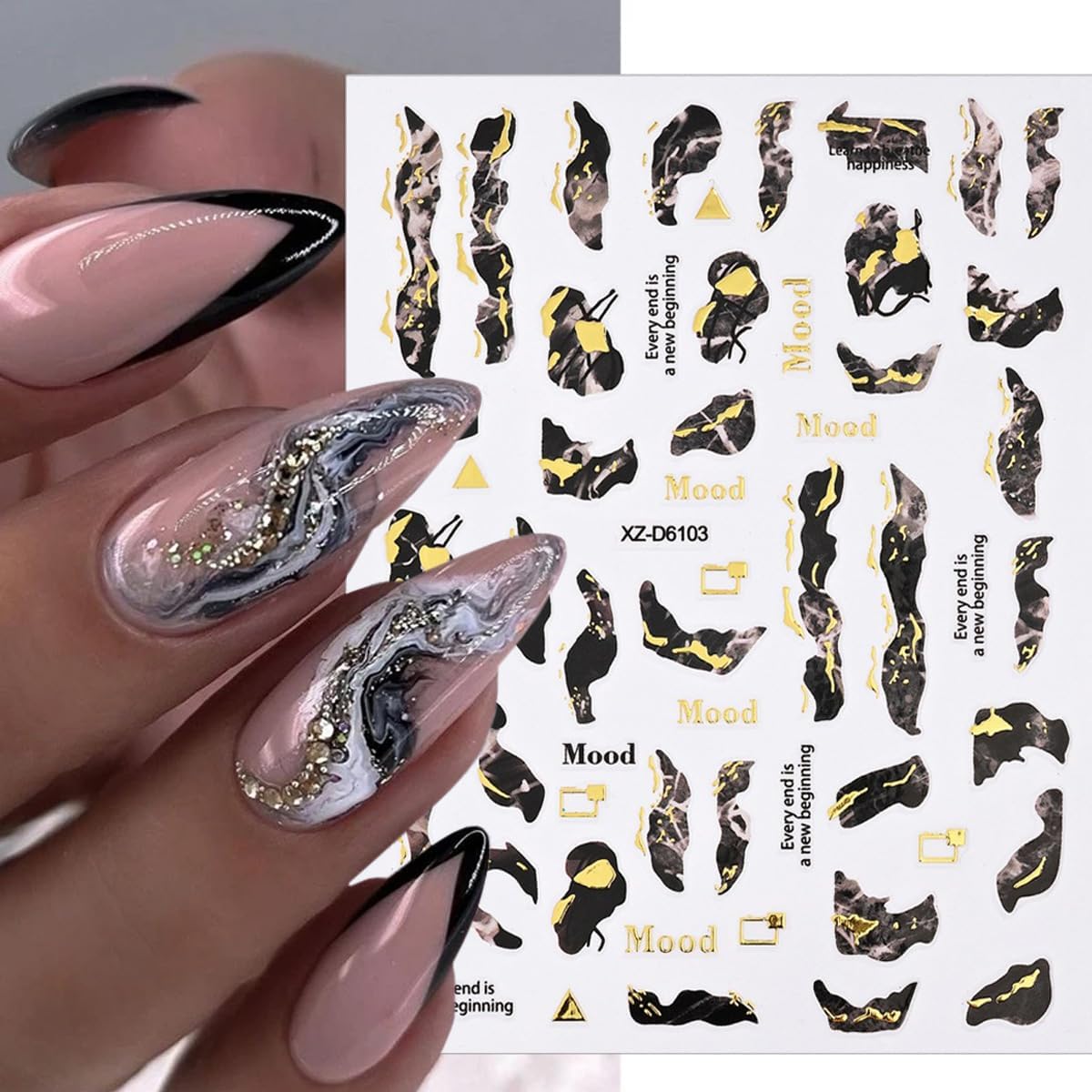 6 Sheets Marble Nail Stickers 3D Bronzing Gold Marble Nail Art Stickers Blooming Nail Decals Watercolor Smudge Summer Nail Sticker Self-Adhesive Foil Sticker for Women Girls Acrylic Nail Decorations