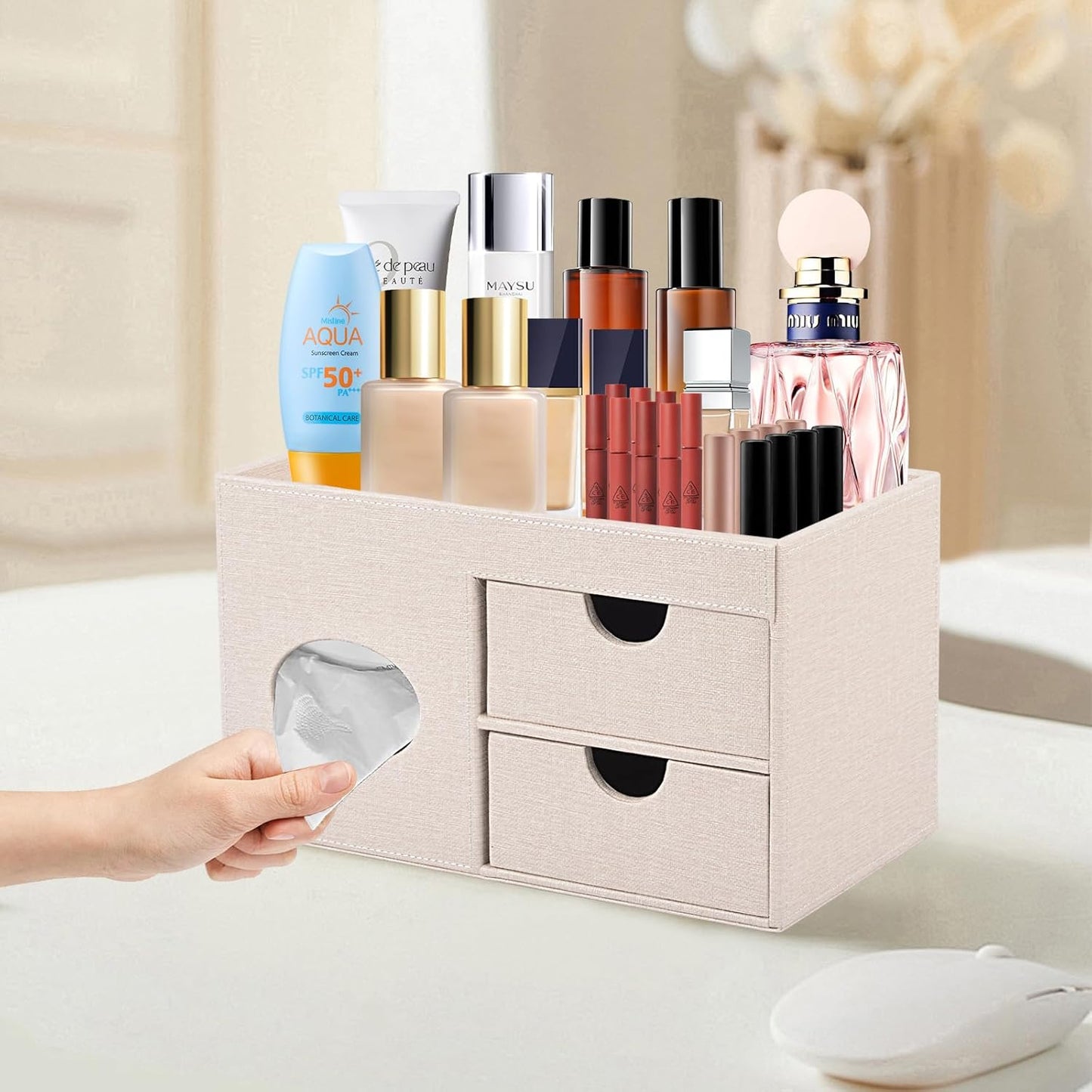 Square Tissue Box Cover with Drawers,Tissue Box Holder with Storage Tray, Makeup Organizer and Desk Organizer,Tissue Holders Decorative for Bathroom Vanity NightStand Dressing Table (Beige)
