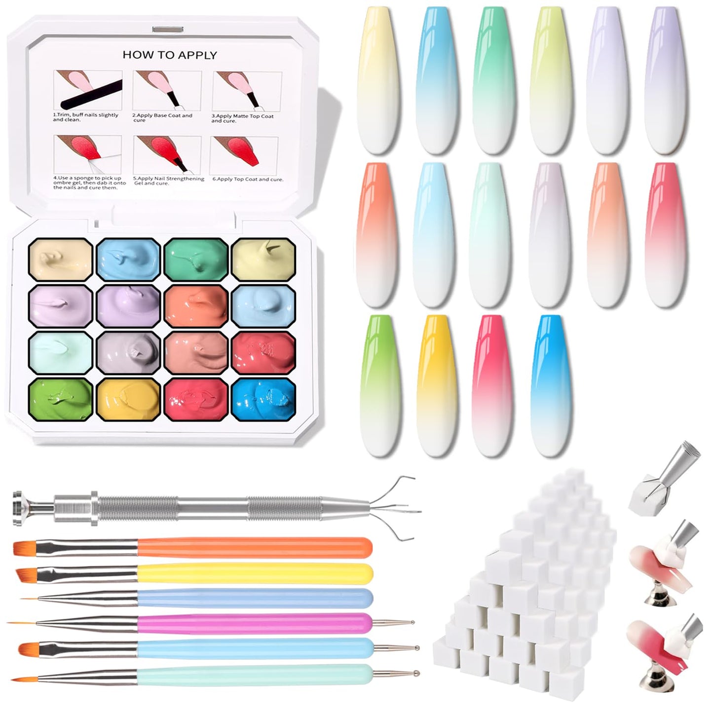Sponge Pat Paint Nail Gel, Ombre Nails Gradient Gel Nail Blush Blooming Aura Nails Drawing Stripper Floral Painting DIY Nail Art, No Wipe, UV/LED Curing (16 Colors N)