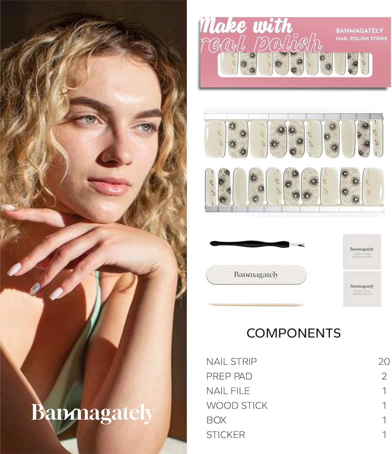 Nail Polish Strips, 20Pcs Salon Quality Gel Nail Stickers, Easy Long Lasting Wraps for Short Nails no UV Light Needed (Grey Flower)