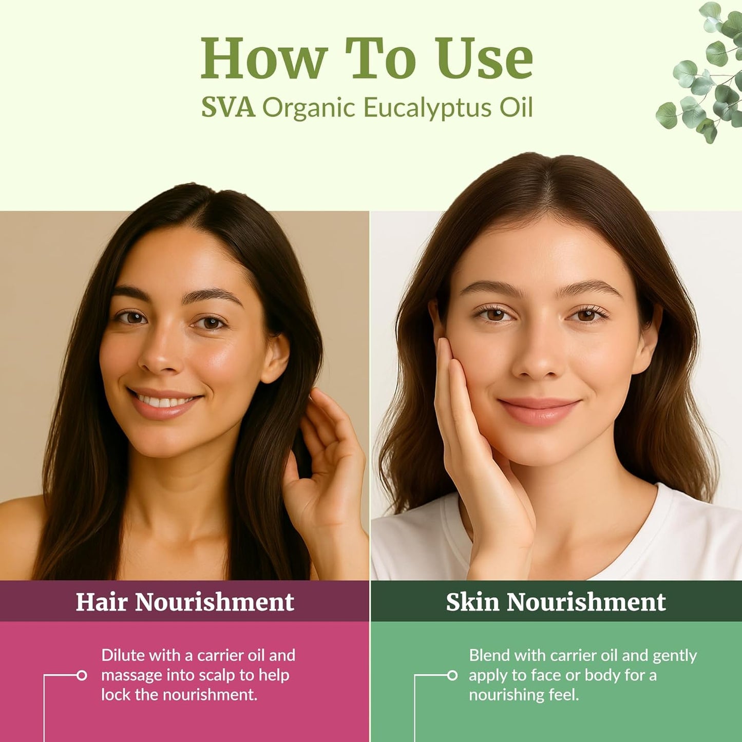 SVA Eucalyptus Essential Oil Organic – 4 Fl Oz – 100% Natural Organic Eucalyptus Oil - for Diffuser, Hair, Face, Skin Care, Aromatherapy, Scalp and Body Massage, Soap and Candle Making - with Dropper