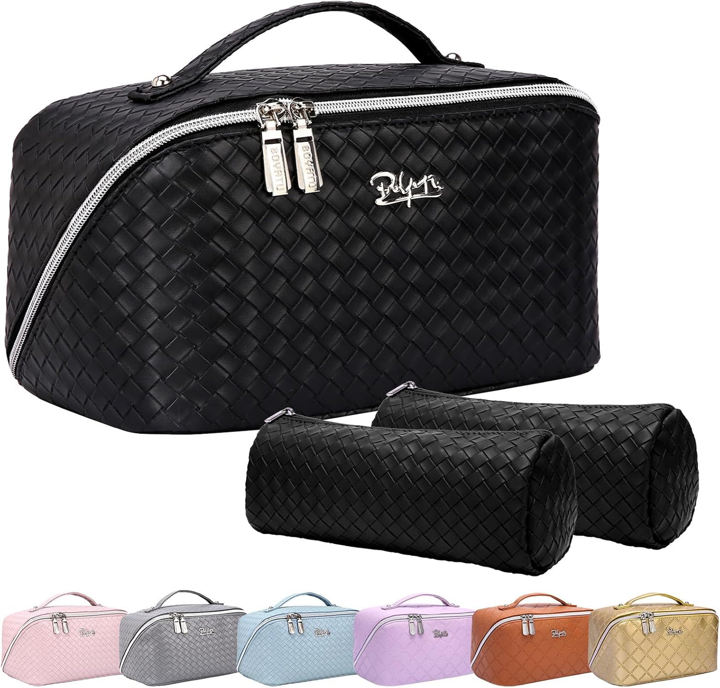 BOYATU Travel Makeup Bags for Women: Large Cosmetic Bag - PU Leather Make up Bag Set of 3 - Compact Toiletry Organizer with Compartments (L03 Black)