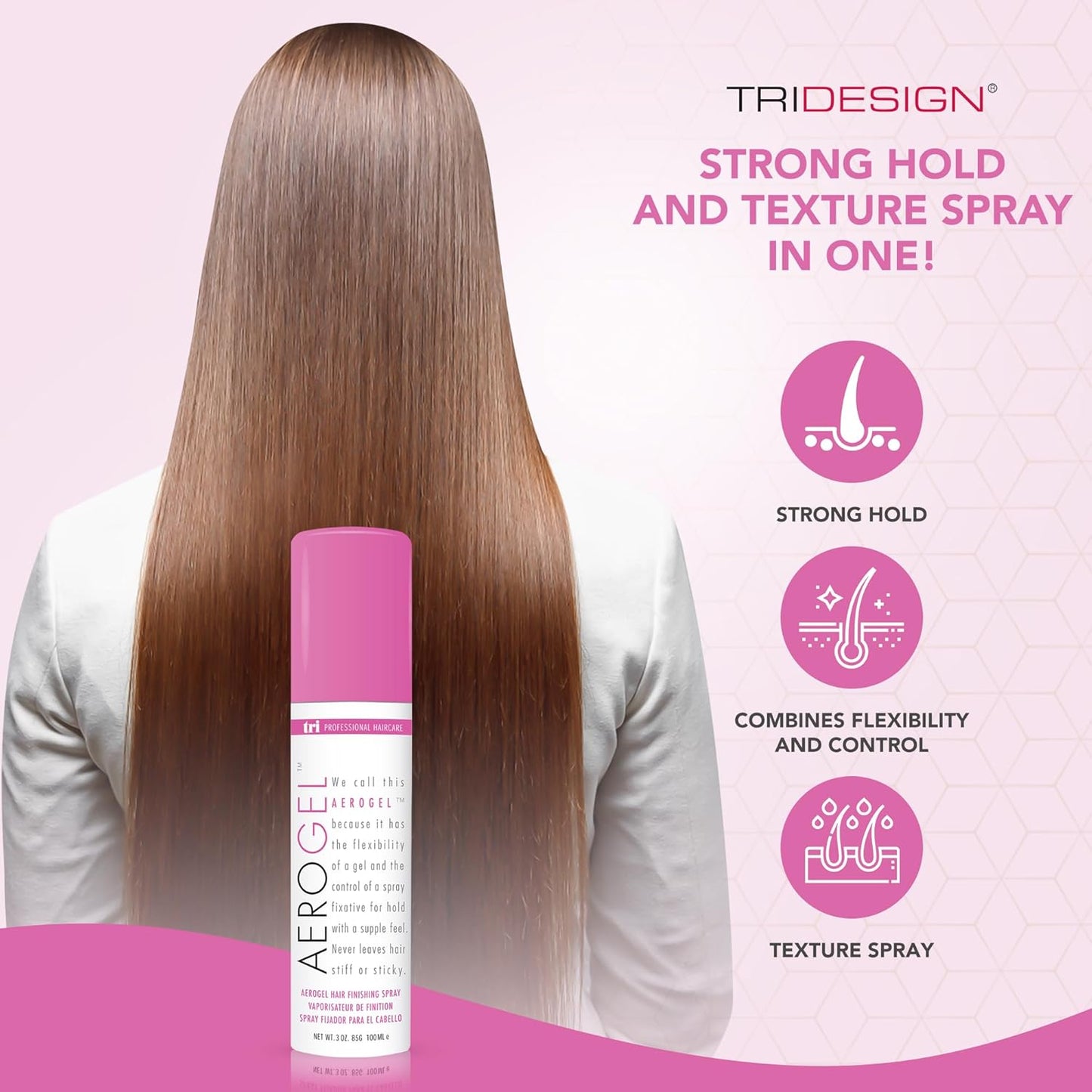 TRIDESIGN Aerogel Hairspray - Strong Hold Hair Finishing Spray for Volumizing & Control, Flexible Styling for All Hair Types, Non-Sticky and Scented - For Women and Men - Travel Size Pack of 1 (3 Oz)