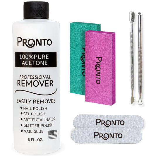 Pronto Acetone Nail Polish Remover 8 Fl Oz with Manicure Kit - Includes Nail File, Buffer, Pusher, Scraper - Pure Acetone 100 Percent - Quick & Professional Gel Acrylic Nail Remover Kit