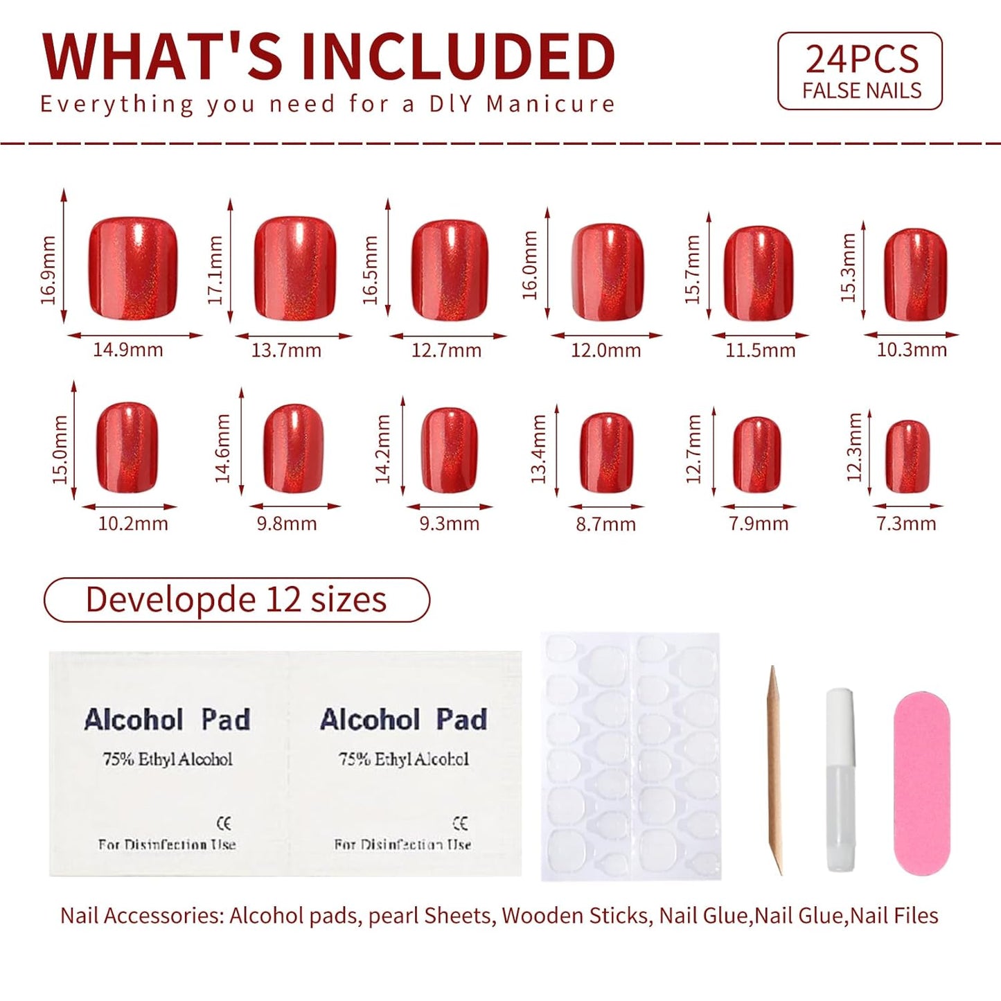 Red Press on Nails Short Square, Chrome Press on Nails, Fashion Gel Fake Nails, Reusable Acrylic Fake Nails, Glossy Stick on Nails, Thick Reusable Glue On Nails for Women, 24Pcs