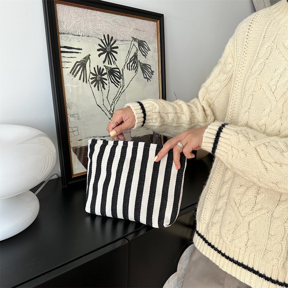 PAZIMIIK Makeup Bag Large Cotton Zipper Pouch for Purse Travel Canvas Make Up Organizer for Women Cosmetic,Stripe Black White