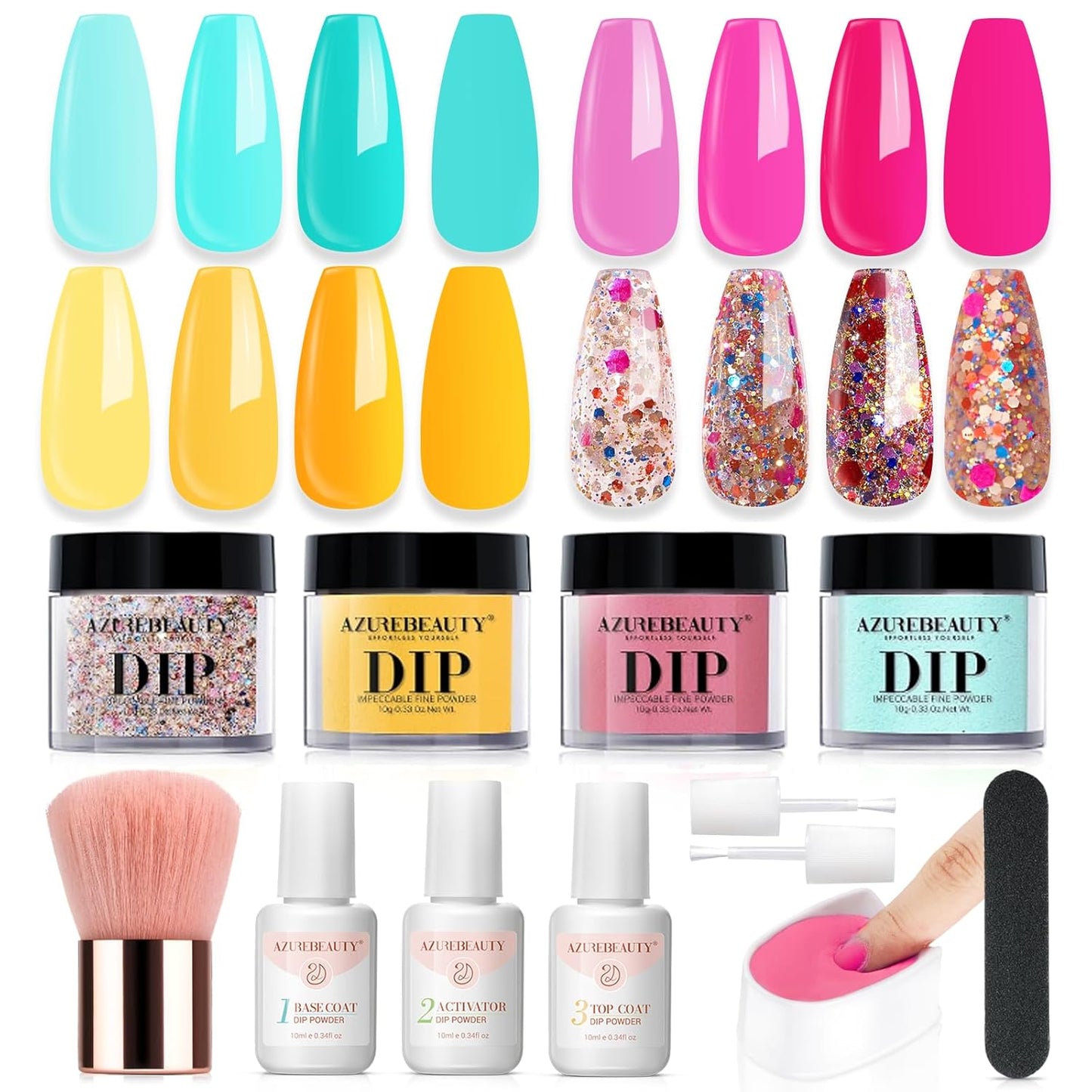 AZUREBEAUTY Dip Powder Nail Kit Starter, 4 Colors Pink Yellow Blue Glitter Dipping Powder Liquid Set Recycling Tray with Base & Top Coat Activator for French Fingernail Art Manicure Salon DIY at Home