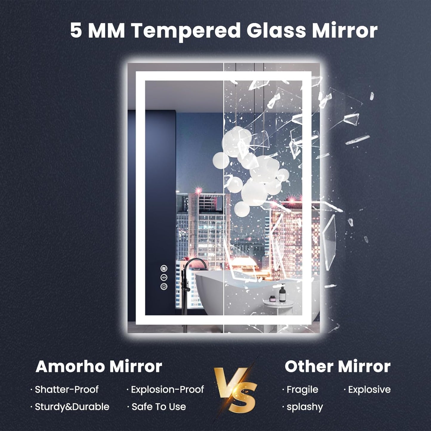 Amorho LED Mirror for Bathroom 28X36 Inch with Backlight and Front Lit, Fogless Mirror for Wall Mounted, Dimmable, 3 Colors, Memory