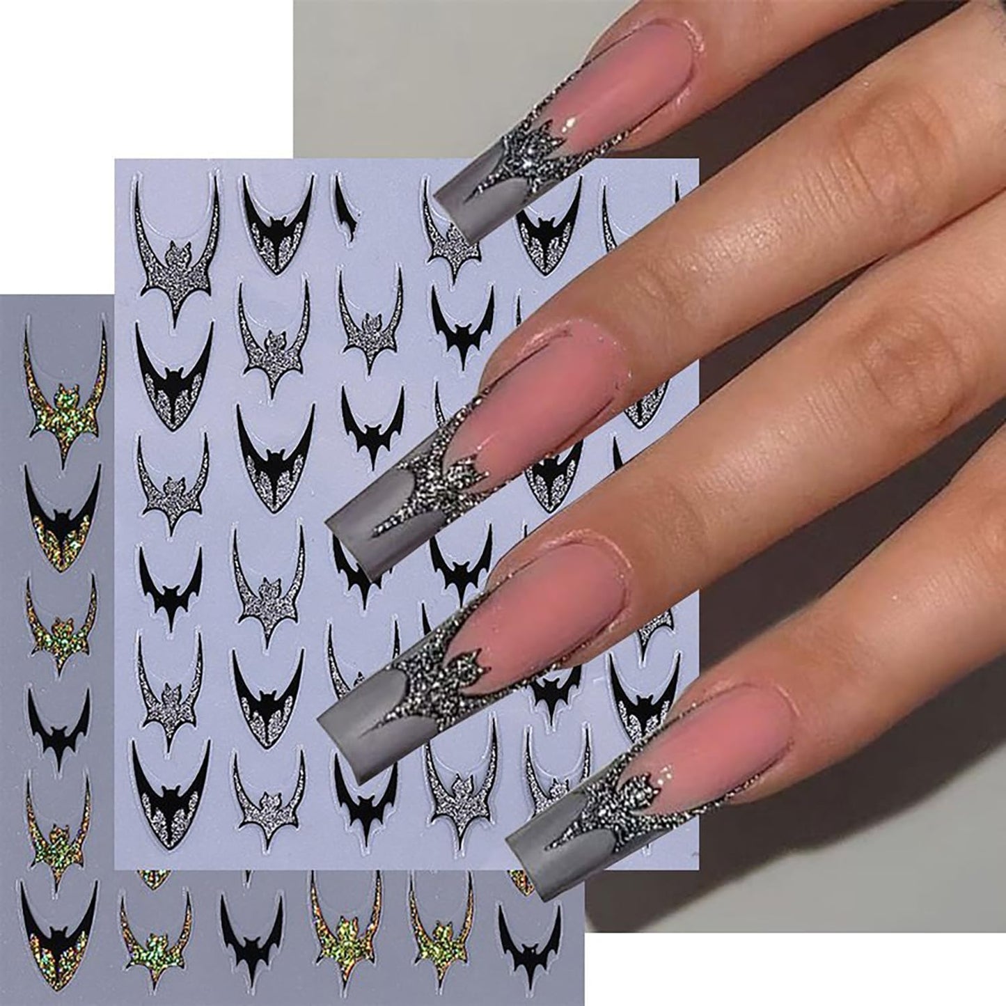 6 Sheets Halloween Nail Art Stickers 3D Self -Adhesive Bat Nail Decals Holographic Hot Stamping Gold Silver Bat Nail Stickers Halloween French Nail Decoration for Women Manicure Supplies