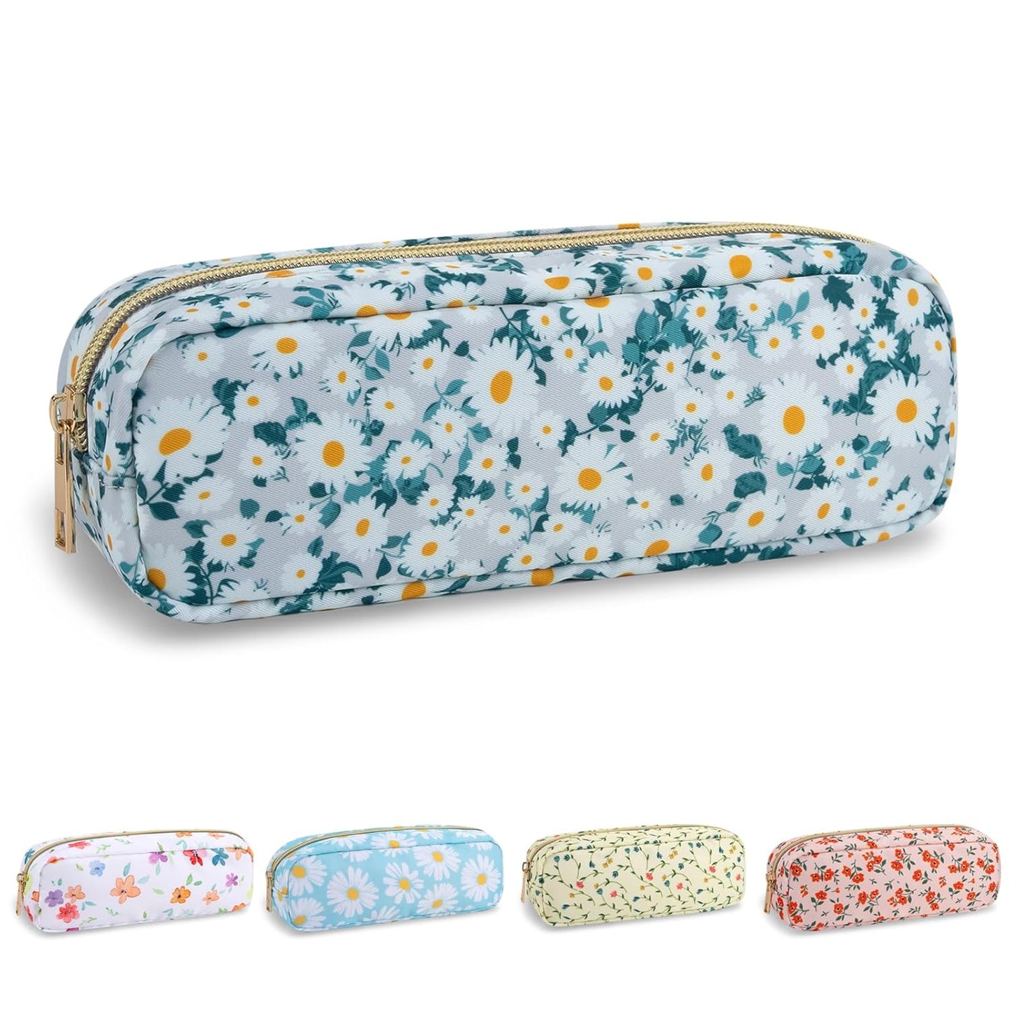 Waterproof Small Floral Pencil Case Makeup Bag for Purse,Cute Flower Pencil Pouch Preppy Nylon Makeup Brush Holder with Zipper,Girls Portable Storage Case for Work(Slim Green-Daisy)