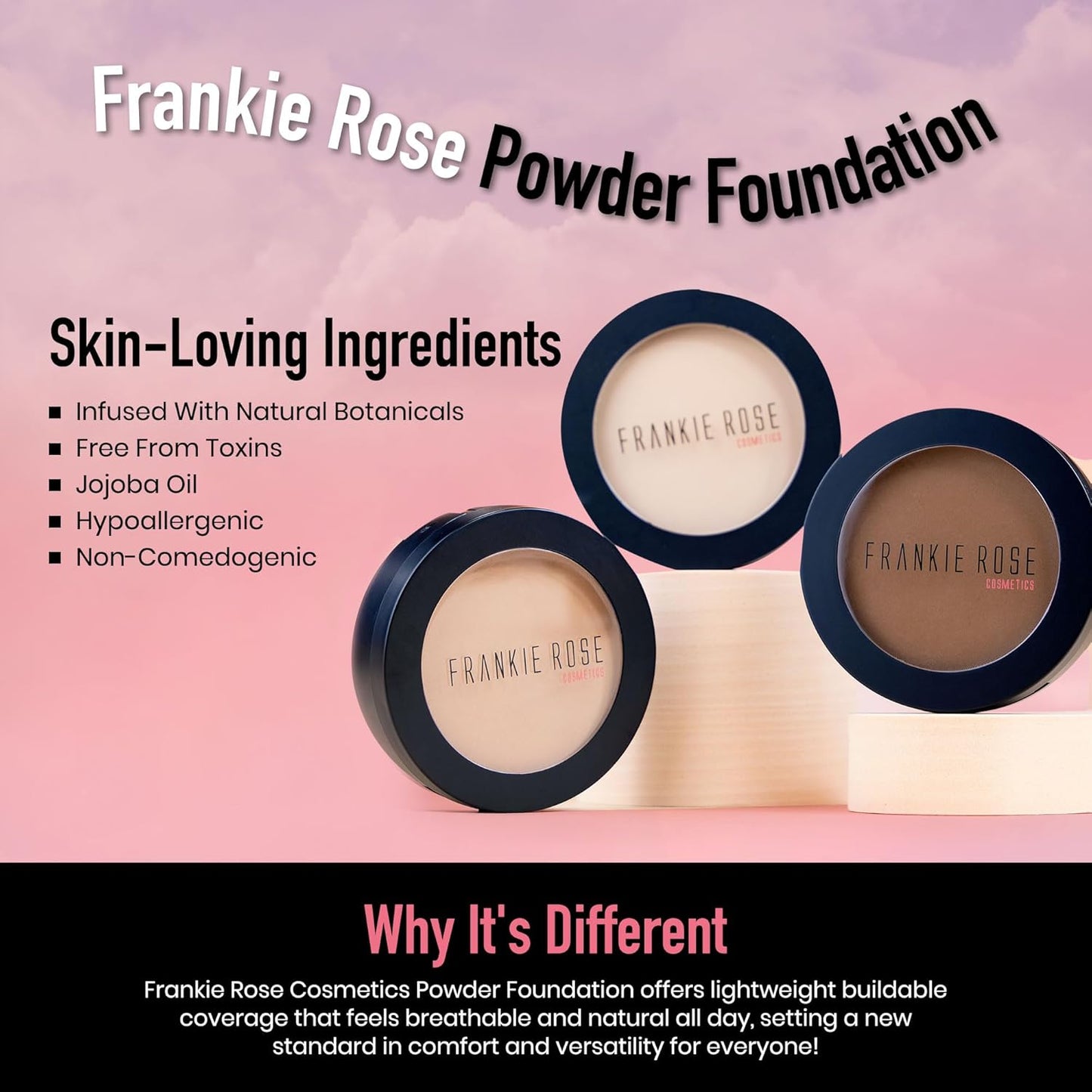 Frankie Rose Cosmetics Powder Foundation – Full Coverage Face Powder For Pores & Imperfections, Evens Out Skin Tone & Shine-Control | 58 Grams (Cream Puff)
