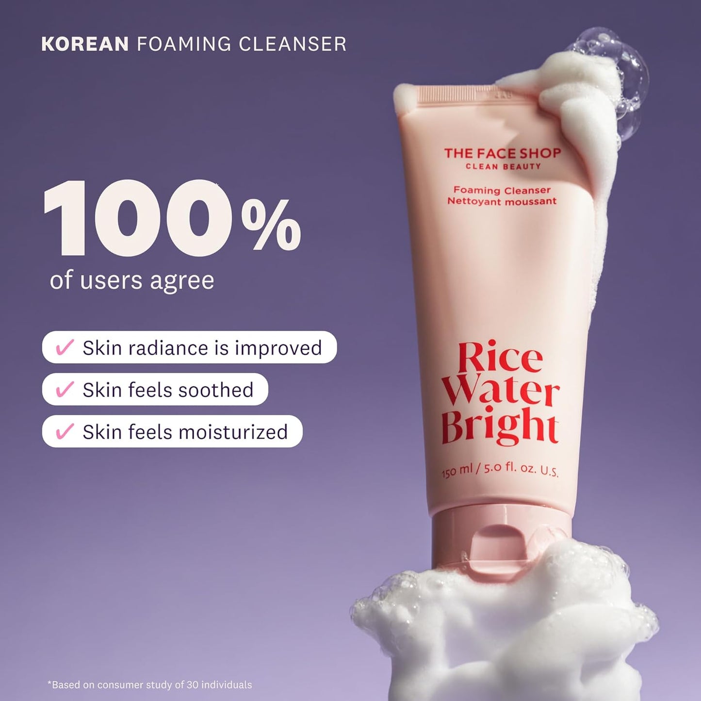 The Face Shop Rice Water Bright Foaming Facial Cleanser with Ceramide, Gentle Face Wash for Hydrating & Moisturizing, Vegan Face Cleanser, Makeup Remover, Korean Skin Care for All Skin Types, 150ml