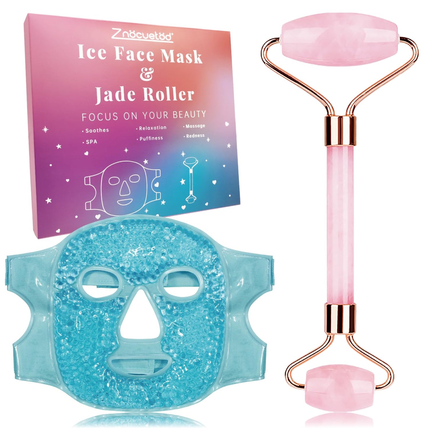 ZNÖCUETÖD Ice Face Roller Facial Jade Roller and Ice Face Mask Cold Cooling Gel Mask Gift Set for Women Face Aging Wrinkles Lifting Firming Puffy Eyes, Eye Face Neck Roller Massager SPA Tools