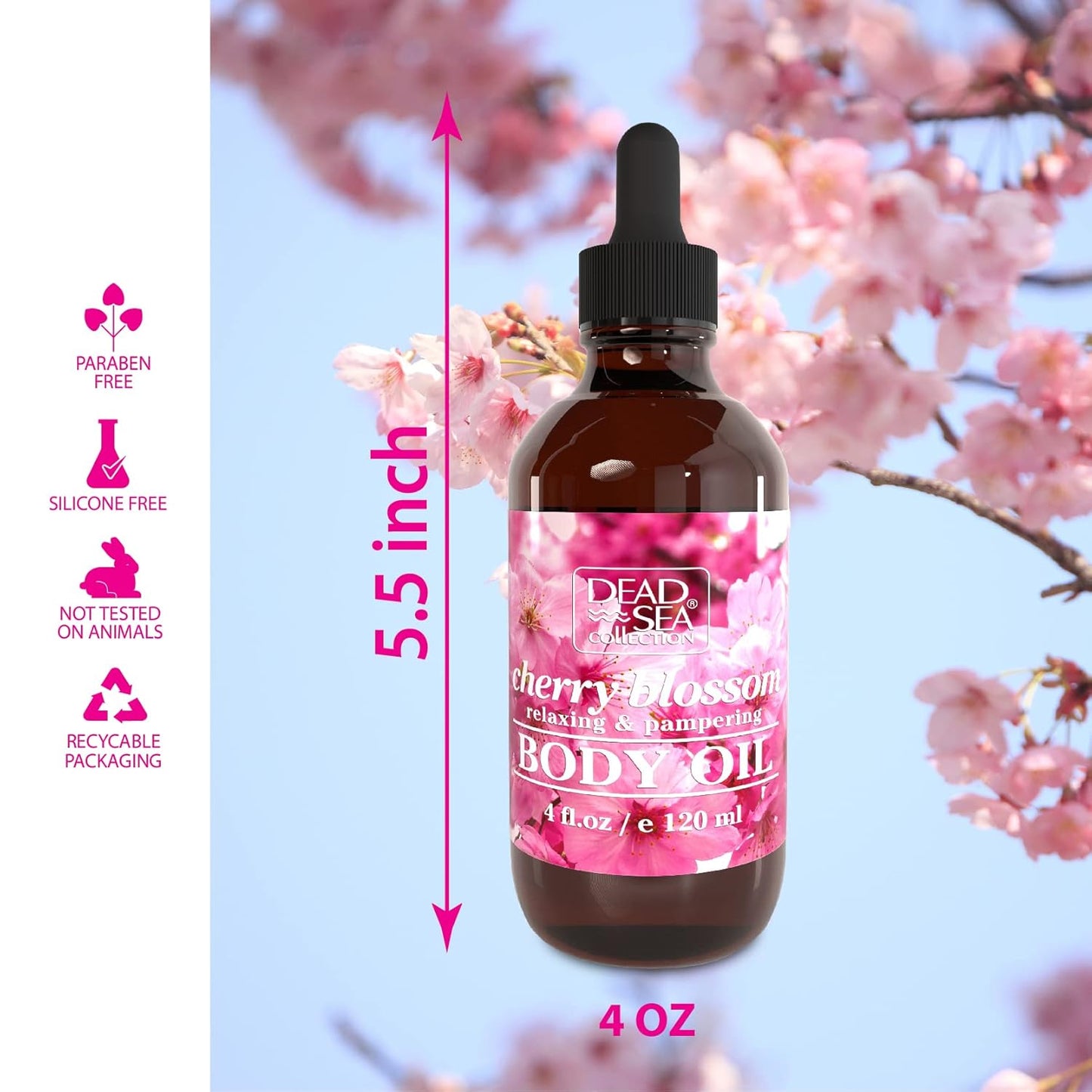 Dead Sea Collection Body Oil for Dry Skin - Cherry Blossom & Vitamin E, A, D Moisturizing Oil - Anti-Aging and Skin Elasticity Support - (4 fl.oz)