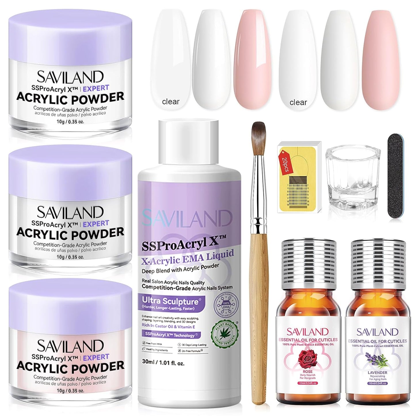 SAVILAND Acrylic Nail Kit for Beginners: White Pink Clear Acrylic Powder and Liquid Set with EMA Acrylic Liquid Monomer Nail Brush Forms Tools and Cuticle Essentials Oil for Nails Home Manicure DIY