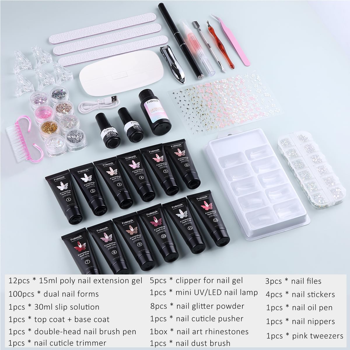 Poly Gel Nail Kit with UV Light, 12 Colors Builder Gel Nail Extension Kit for Beginners with Everything, Dual Nail Forms Slip Solution Chunky Glitter Poly Gel Nail Art Design Starter Kit