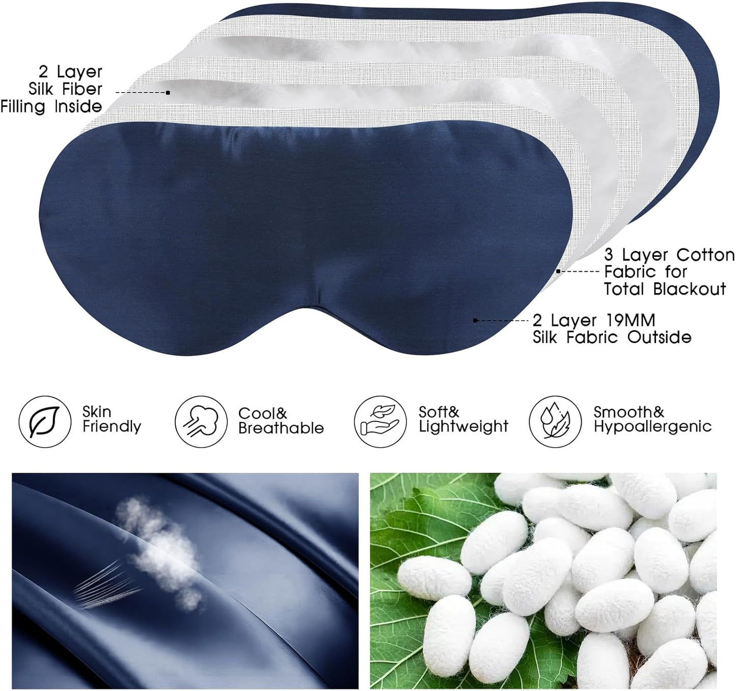Mulberry Silk Blackout Adjustable Sleep Eye Mask for Men/Women Travel Plane,Navy Blue