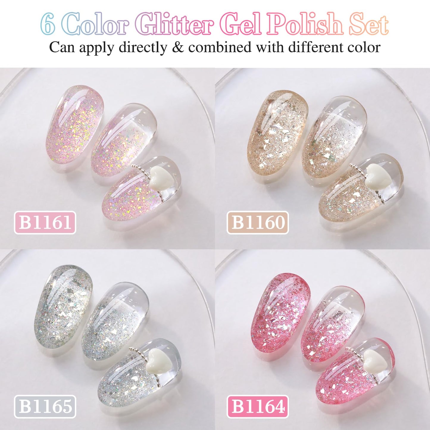 Double Rhythm 0.5 Oz Glitter Gel Polish Set of 6 Color with Display Board 15 ml Full Size Kit Shimmer Reflective Sparkle Soak Off Manicure Salon DIY at Home (Gold Silver Light Pink Rose-T6-35)