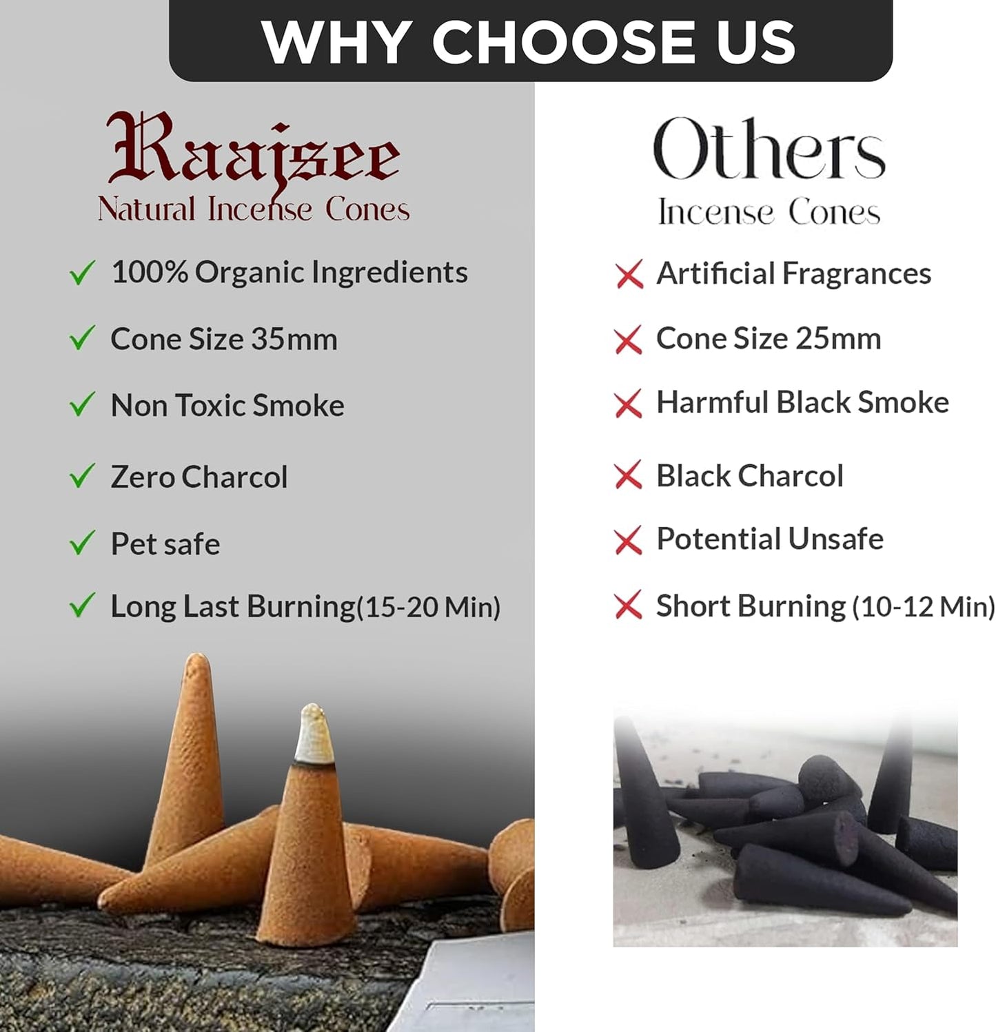 Raajsee Natural Incense Cones,6 Pack Mixed Scents Gift Pack 15 pc Each (90 Total), Insense Cones Variety Pack, 100% Organic Non Toxic Natural - Hand Rolled Free from Chemicals (Pack 3)