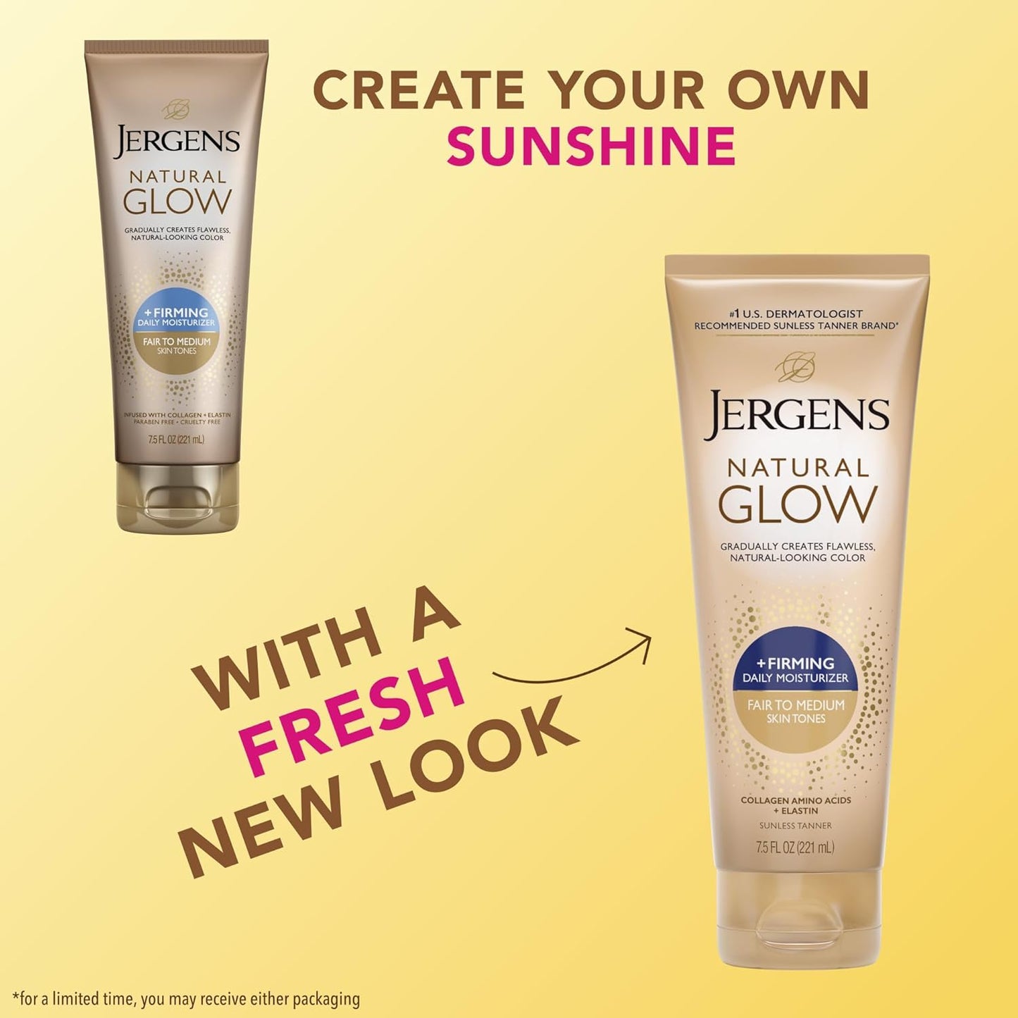 Jergens Natural Glow +Firming Self Tanner Body Lotion, Fair to Medium Skin Tone, Sunless Tanning Moisturizer with Collagen and Elastin. Helps to Visibly Reduce Cellulite, 7.5 Fl Oz (Pack of 2)