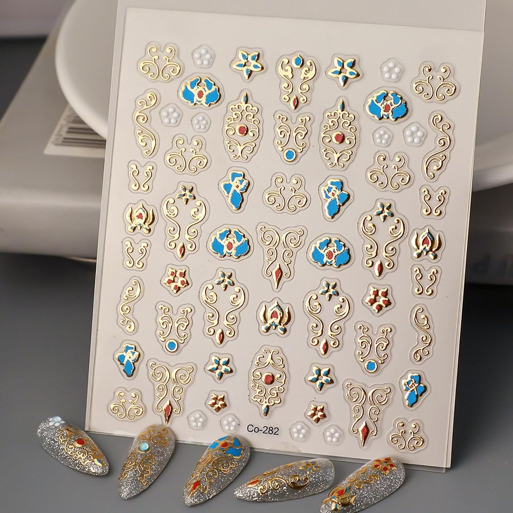 Gold Fall Nail Art Stickers 5D Embossed Geometric Bohemian Nail Stickers, Self-Adhesive Durable Nail Art Decals for Women Girls, Nail Wraps Decoration Manicure for DIY Acrylic Nail Accessories