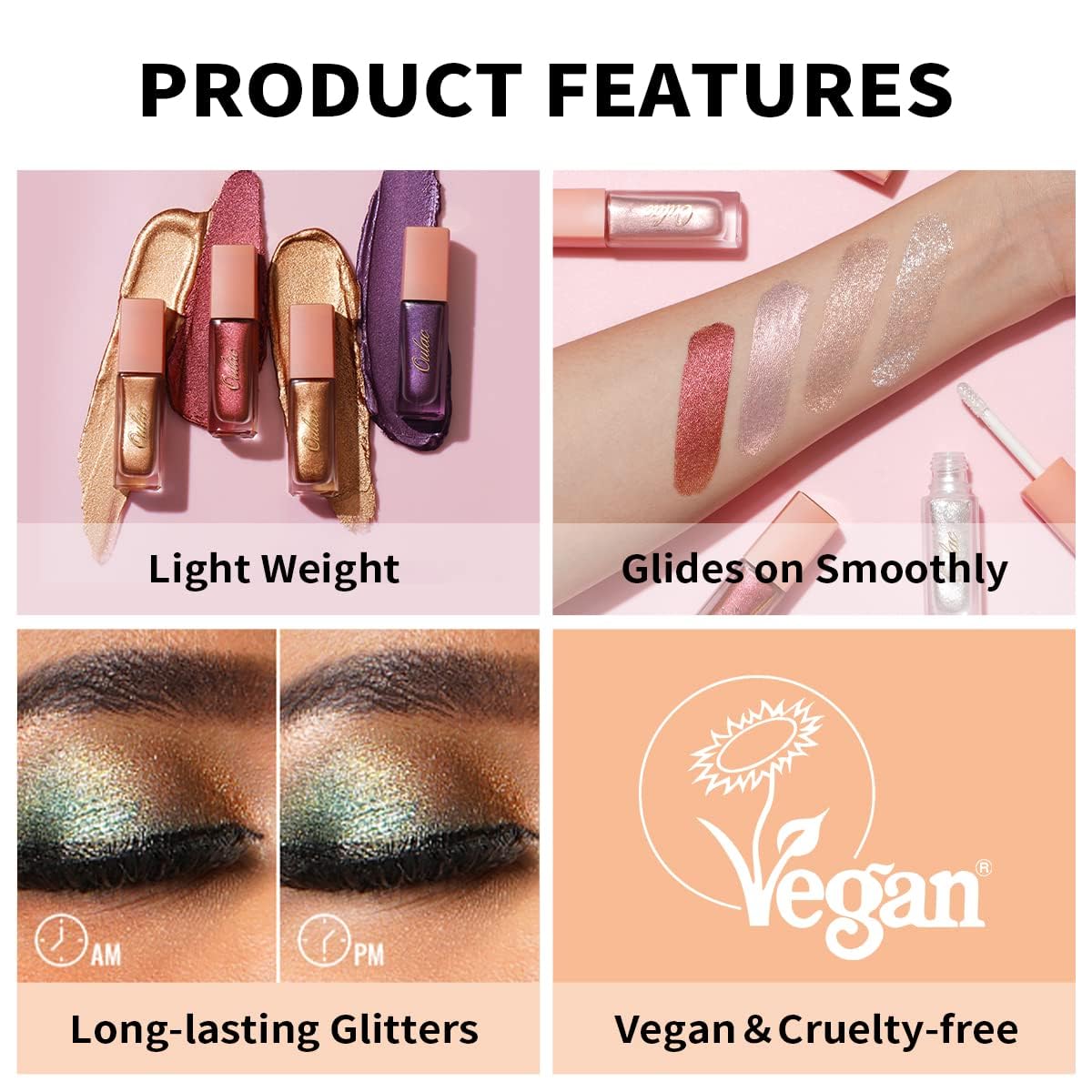 Oulac Eyeshadow Liquid Eyeshadow Multi-Usage Liquid Glitter Eyeshadow&Eyeliner Highly Pigmented, One-Swipe Coverage Long Lasting with No Creasing Formula Vegan&Cruelty-Free